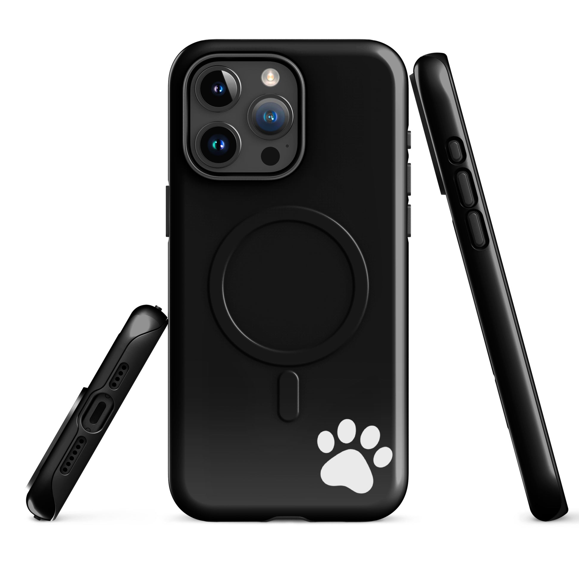 Magnetic Phone case for iPhone with paw print, sleek black design, minimalist style, and tough protection.