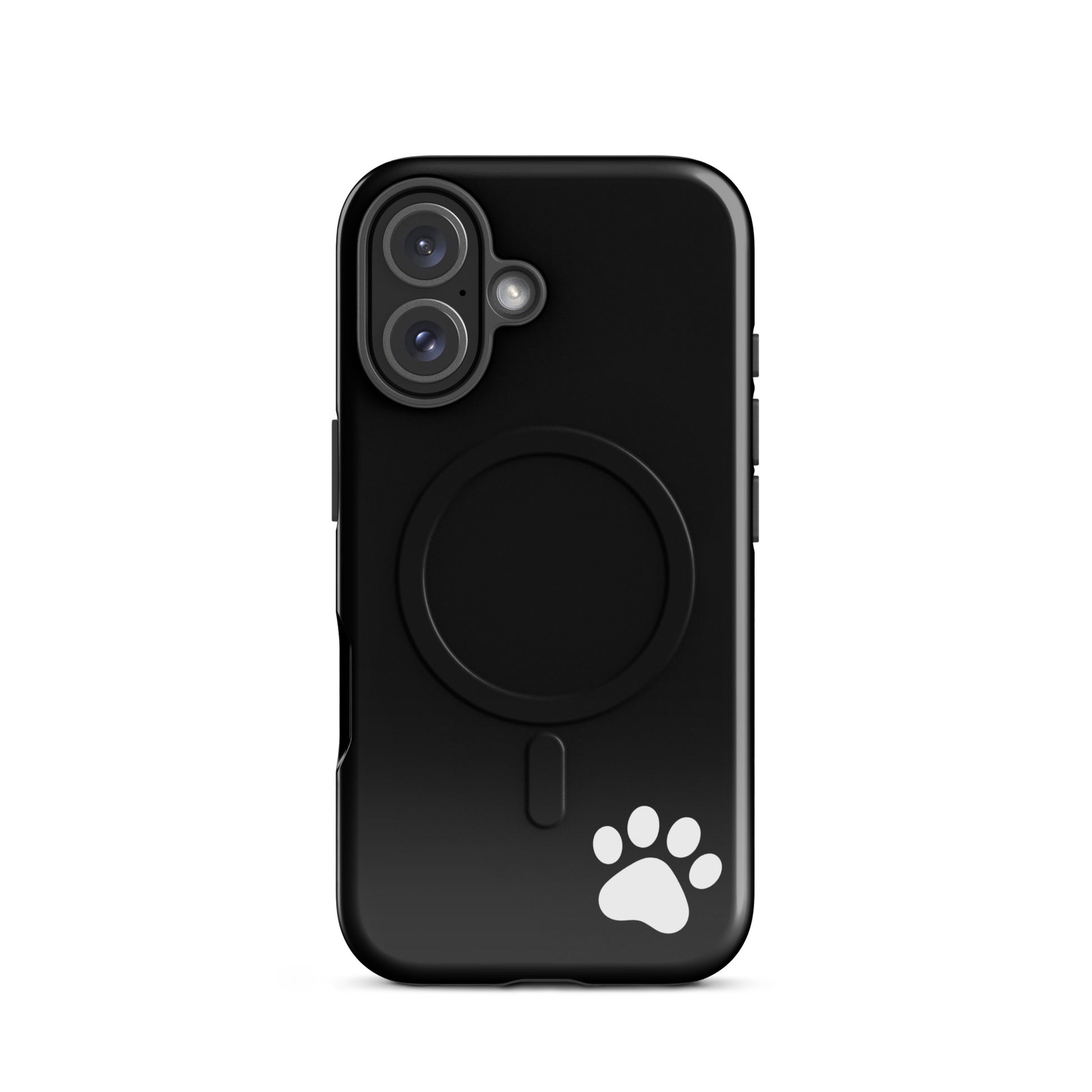 Magnetic Phone case for iPhone featuring black minimalist design with white paw print, sleek and stylish tough protection.