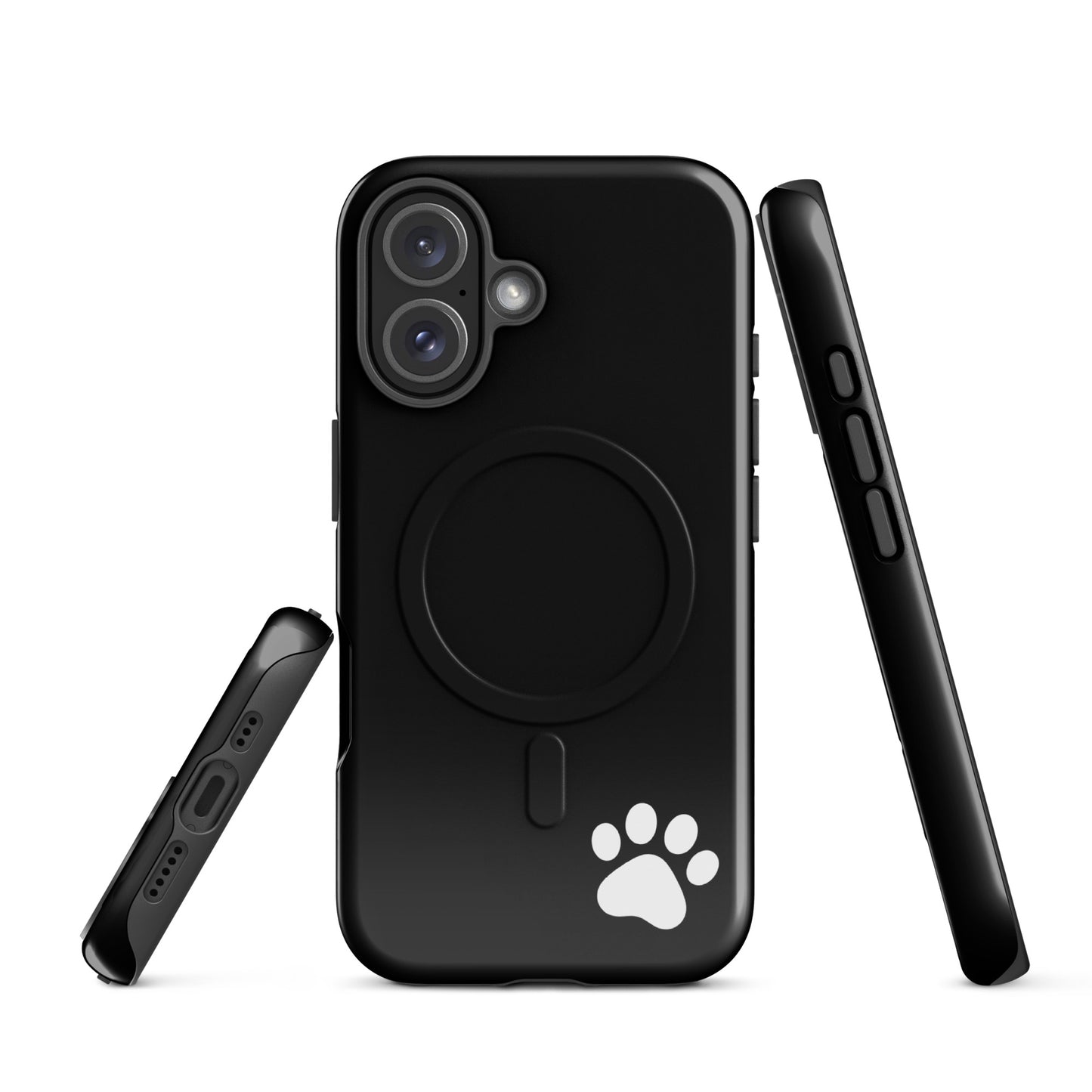 Magnetic Phone case for iPhone with paw-print design, showcasing sleek and playful charm, black Tough Case with modern aesthetic.