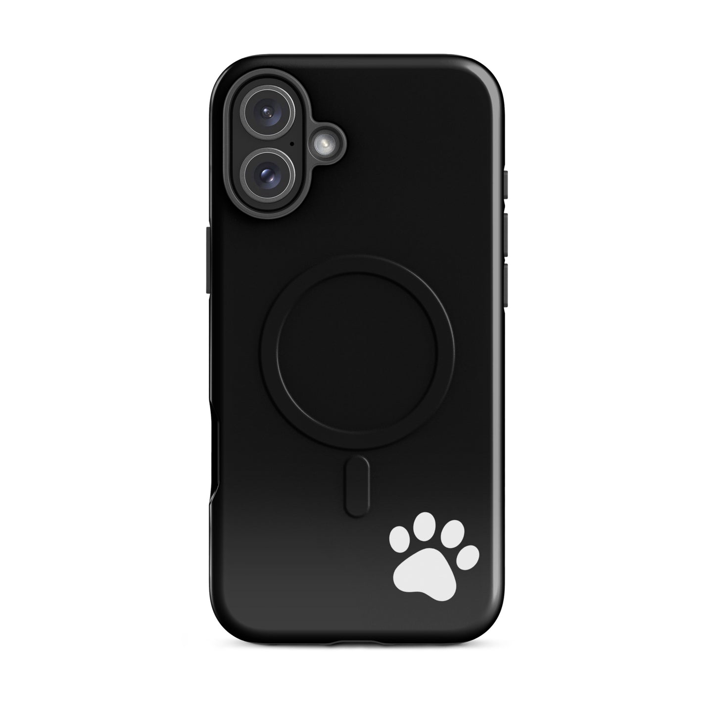 Magnetic Phone case for iPhone with black design and white paw print in lower right corner, minimalist tough case.