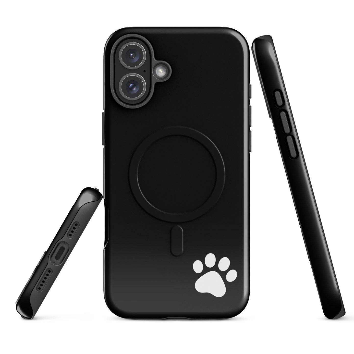 Magnetic Phone case for iPhone featuring black tough design with white paw print, offering minimalist style and playful charm.
