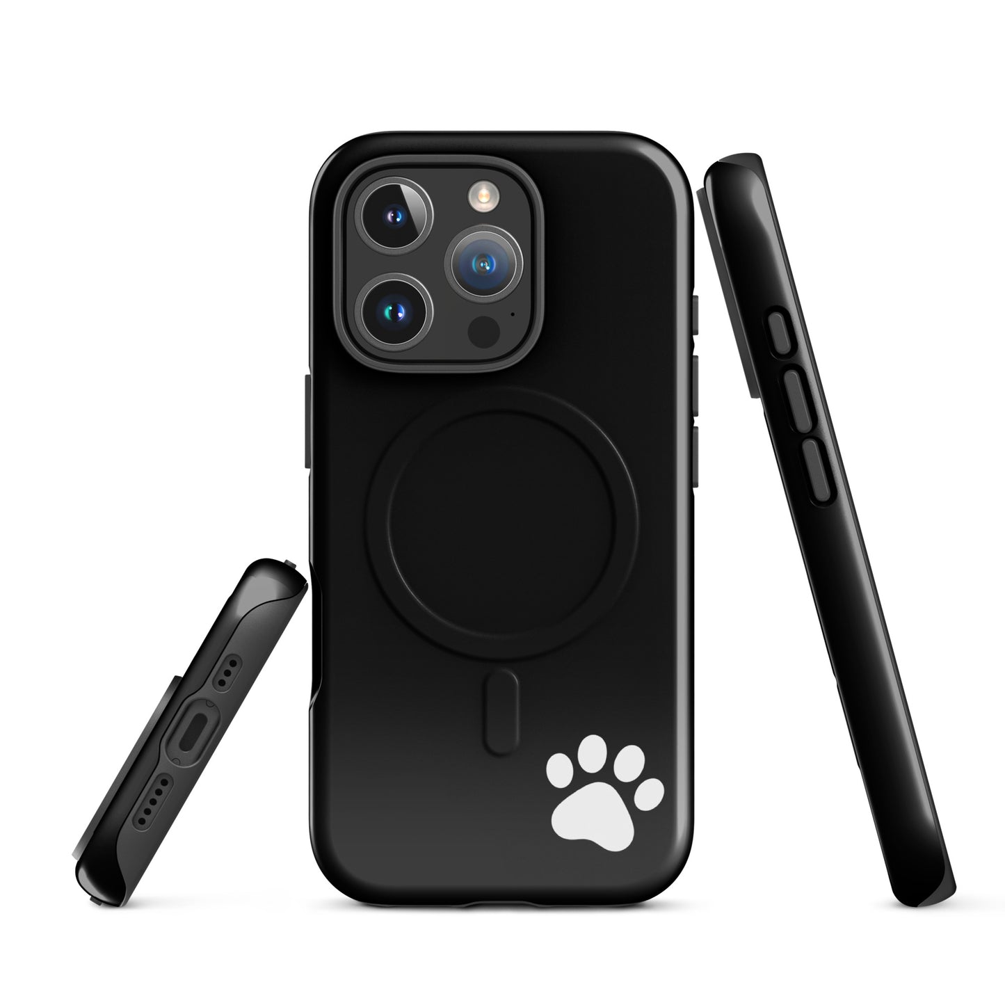 Magnetic Phone case for iPhone with black design and white paw print, minimalist style tough case shown from multiple angles.