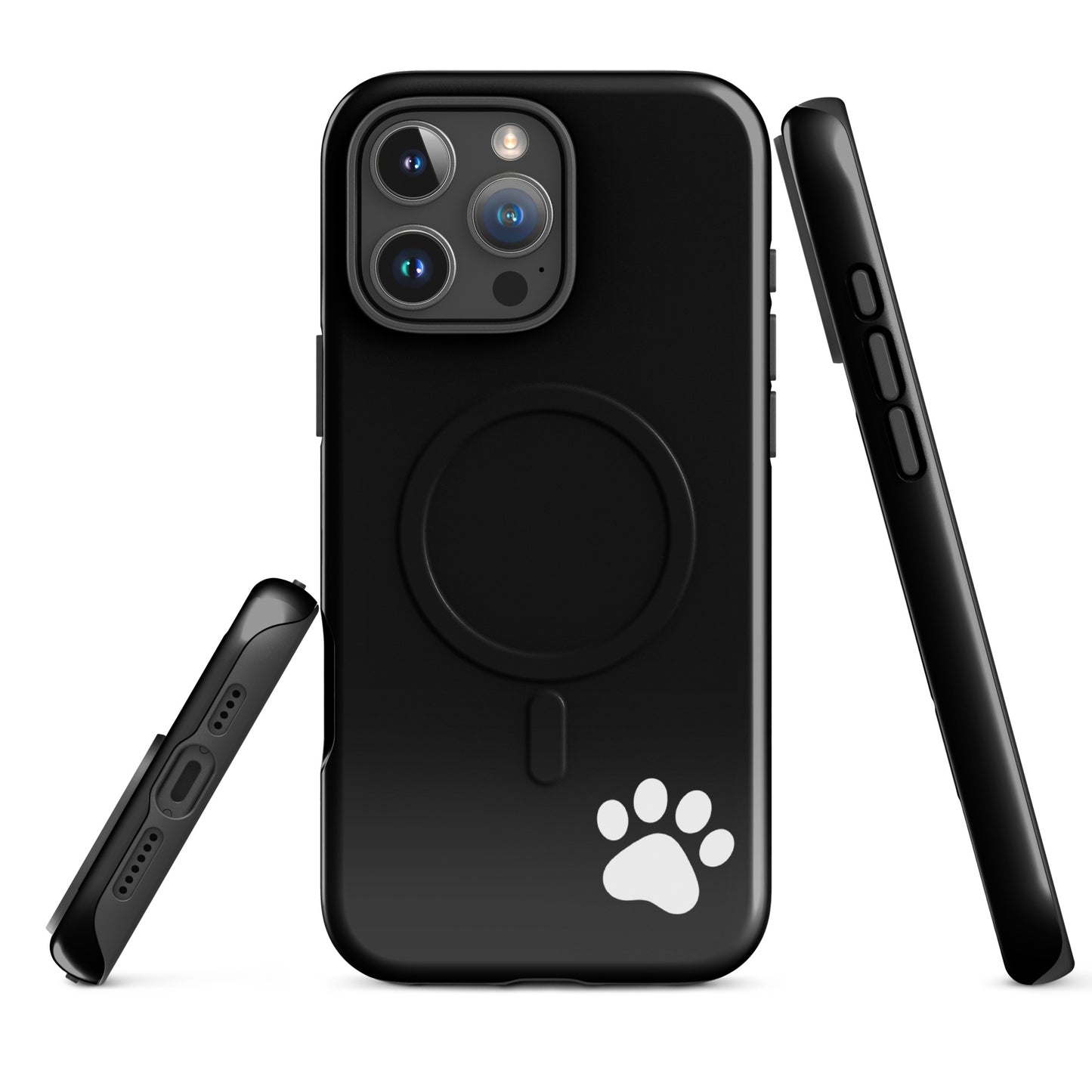 Magnetic Phone case for iPhone with paw print design, sleek black minimalistic style.