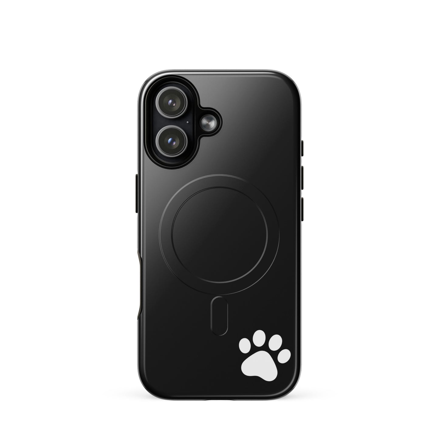 Magnetic Phone case for iPhone with white paw print design, minimalist black cover.