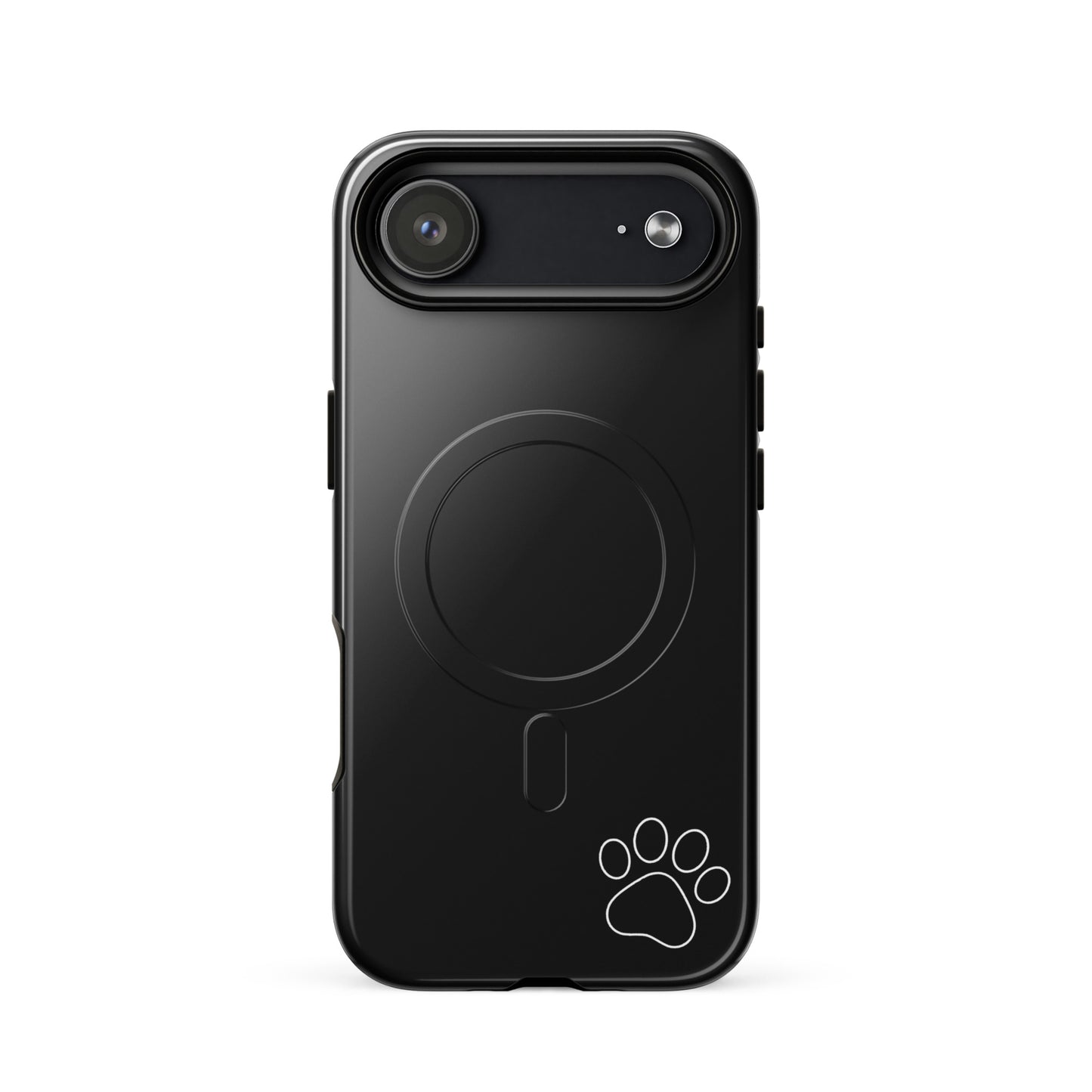 Magnetic Phone case with black finish and white paw print design for iPhone, offering both style and protection.