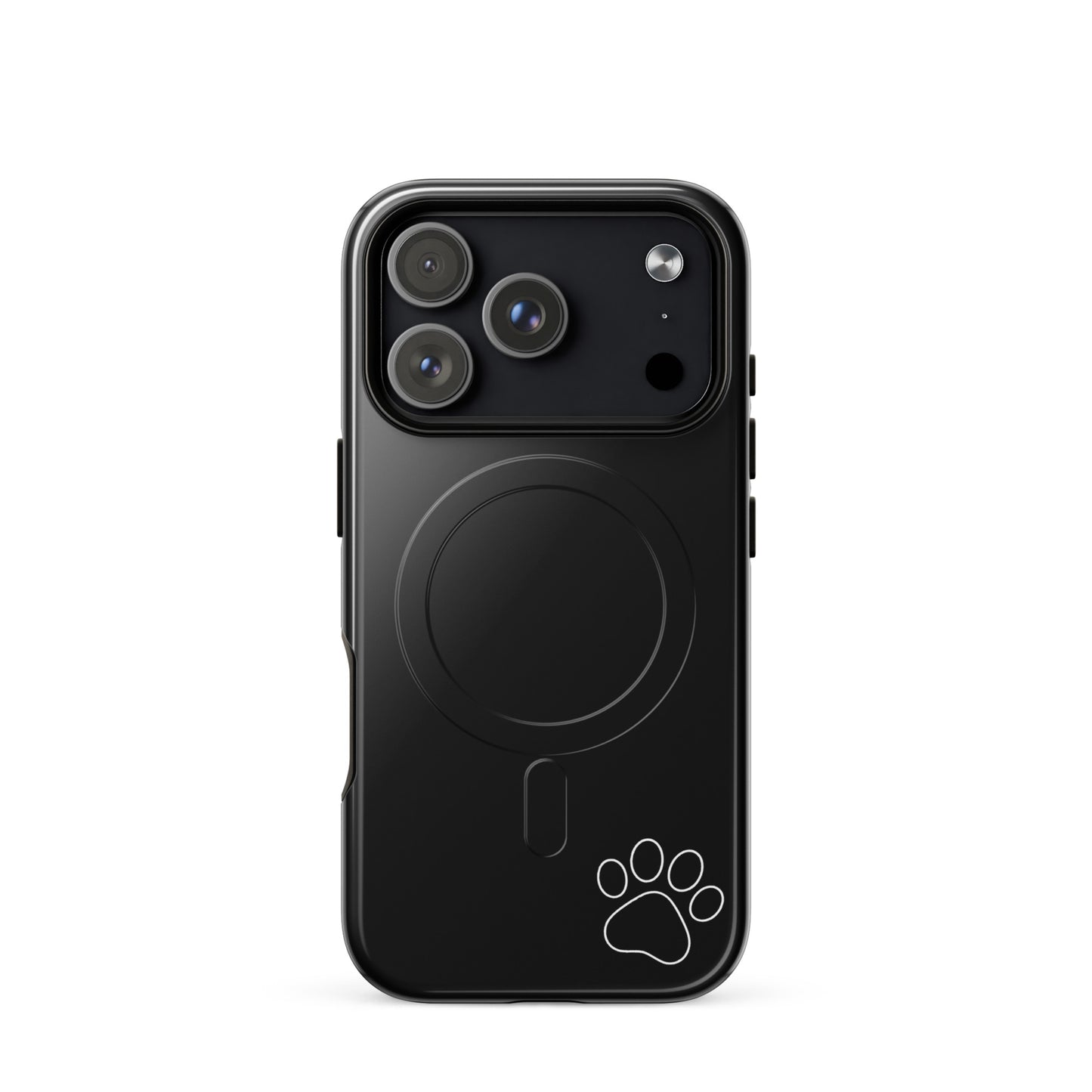 Magnetic Phone case for iPhone with white paw print, black Luxe Minimalist Tough Case, playful charm and style.