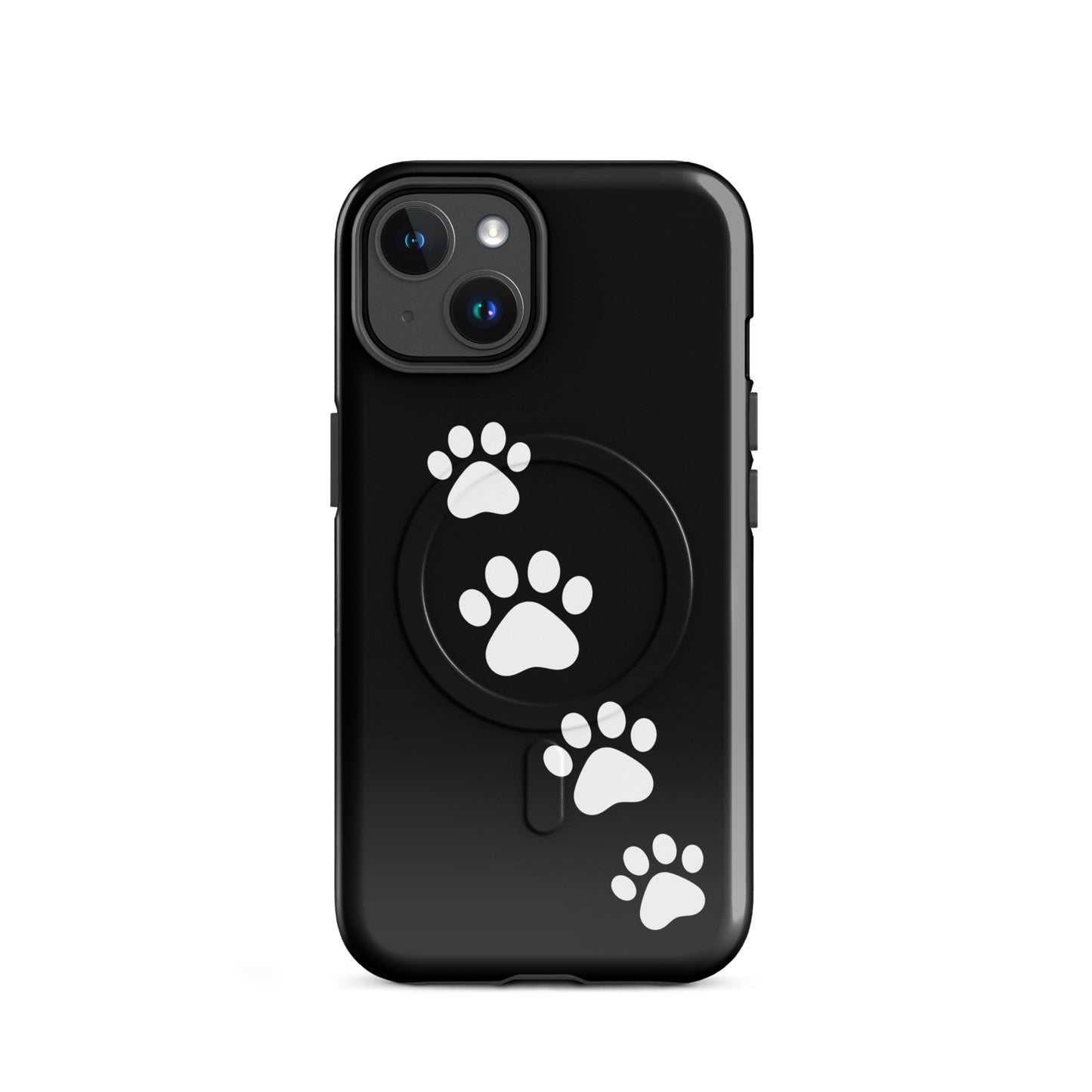 Magnetic Phone Case with white paw-print trail on black background for pet lovers, modern design for iPhone.