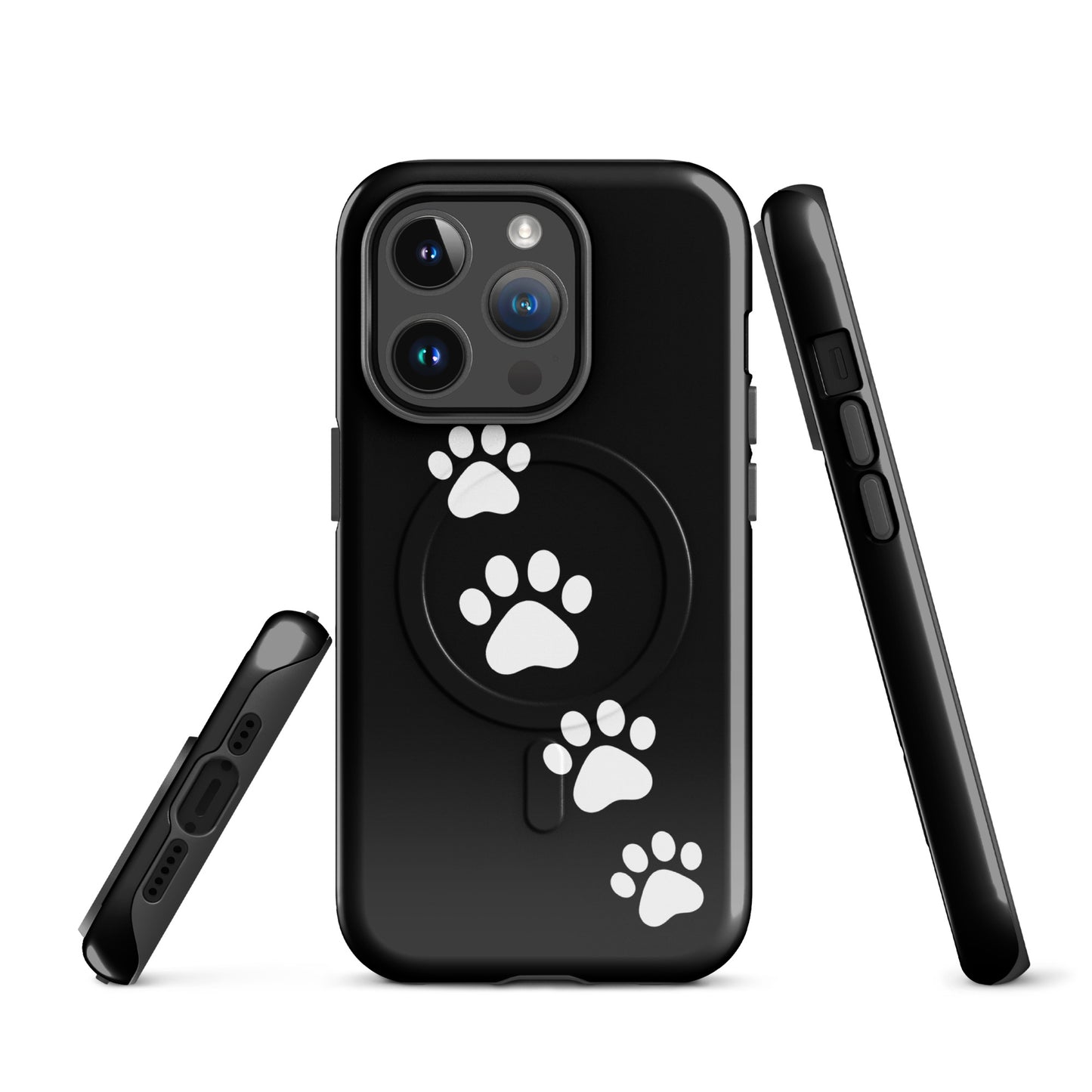 Magnetic Phone Case with playful white paw-print trail design on sleek black background, made for pet lovers and iPhone users.