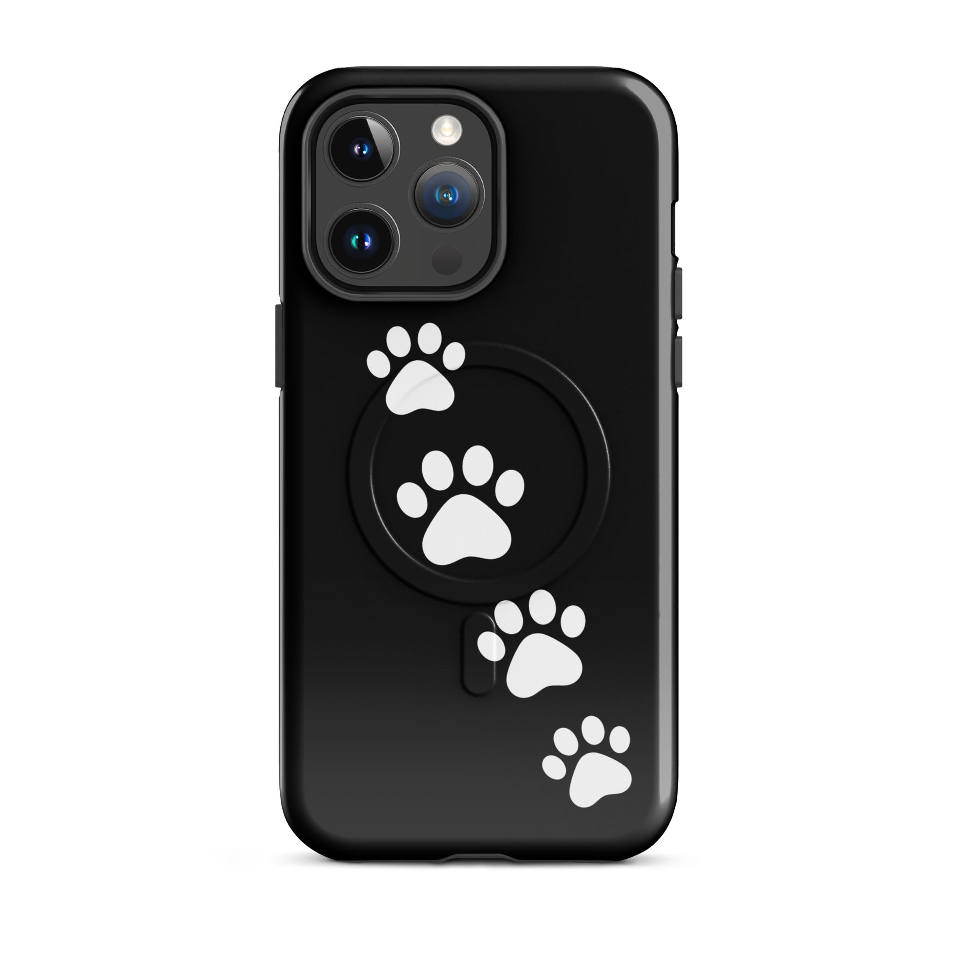 Magnetic Phone Case with white paw prints on black, perfect for pet lovers; compatible with iPhone, adds style and protection.