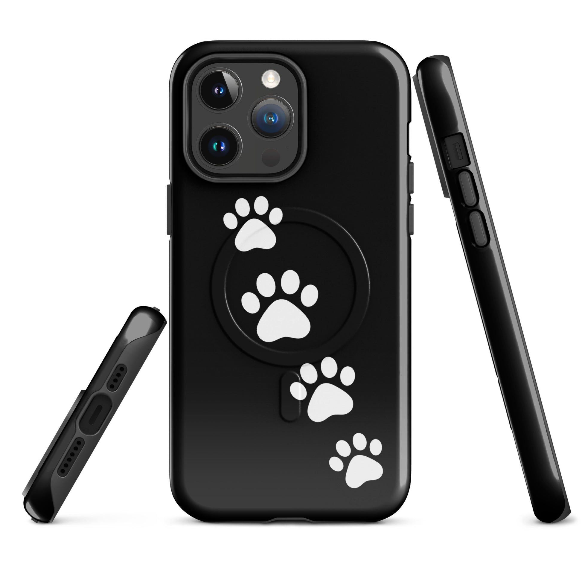 Magnetic Phone Case with white paw prints on black background, ideal for pet lovers.