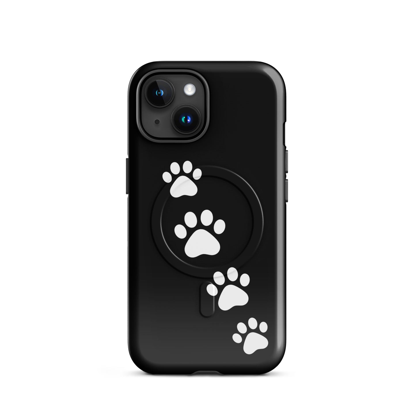 Magnetic Phone Case with white paw-print trail on sleek black background for playful pet lovers
