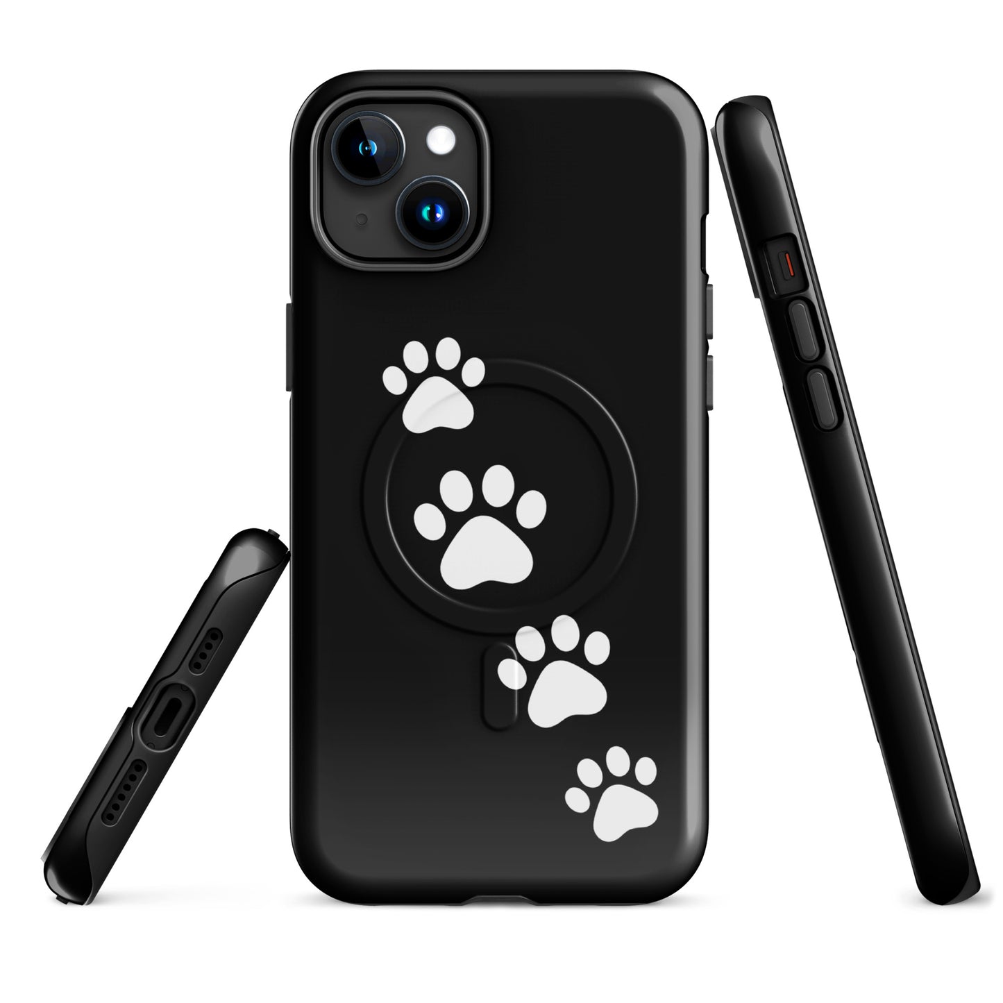 Magnetic Phone Case for iPhone featuring diagonal white paw prints pattern on black, perfect for playful pet lovers.