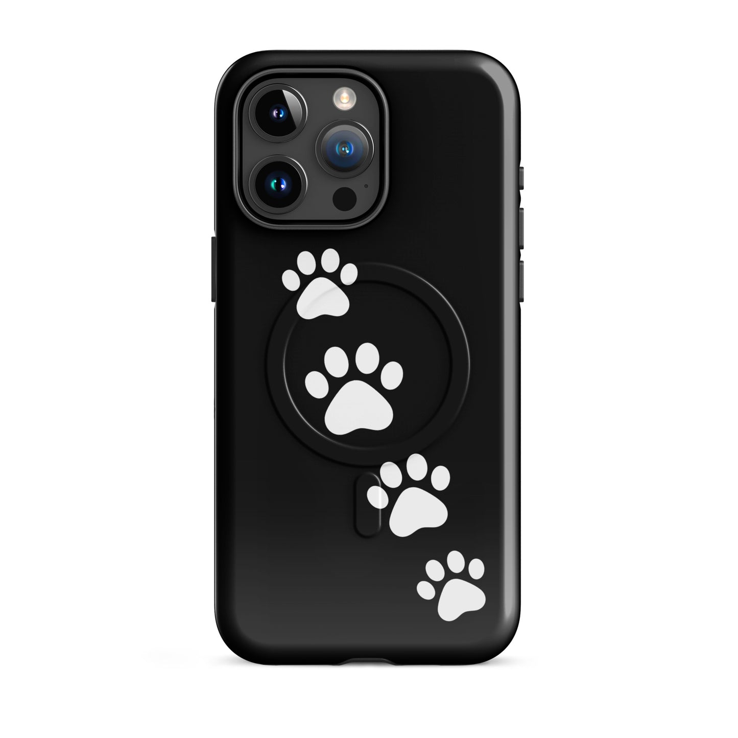 Magnetic Phone Case for iPhone with playful paw print trail design on black background for pet lovers.