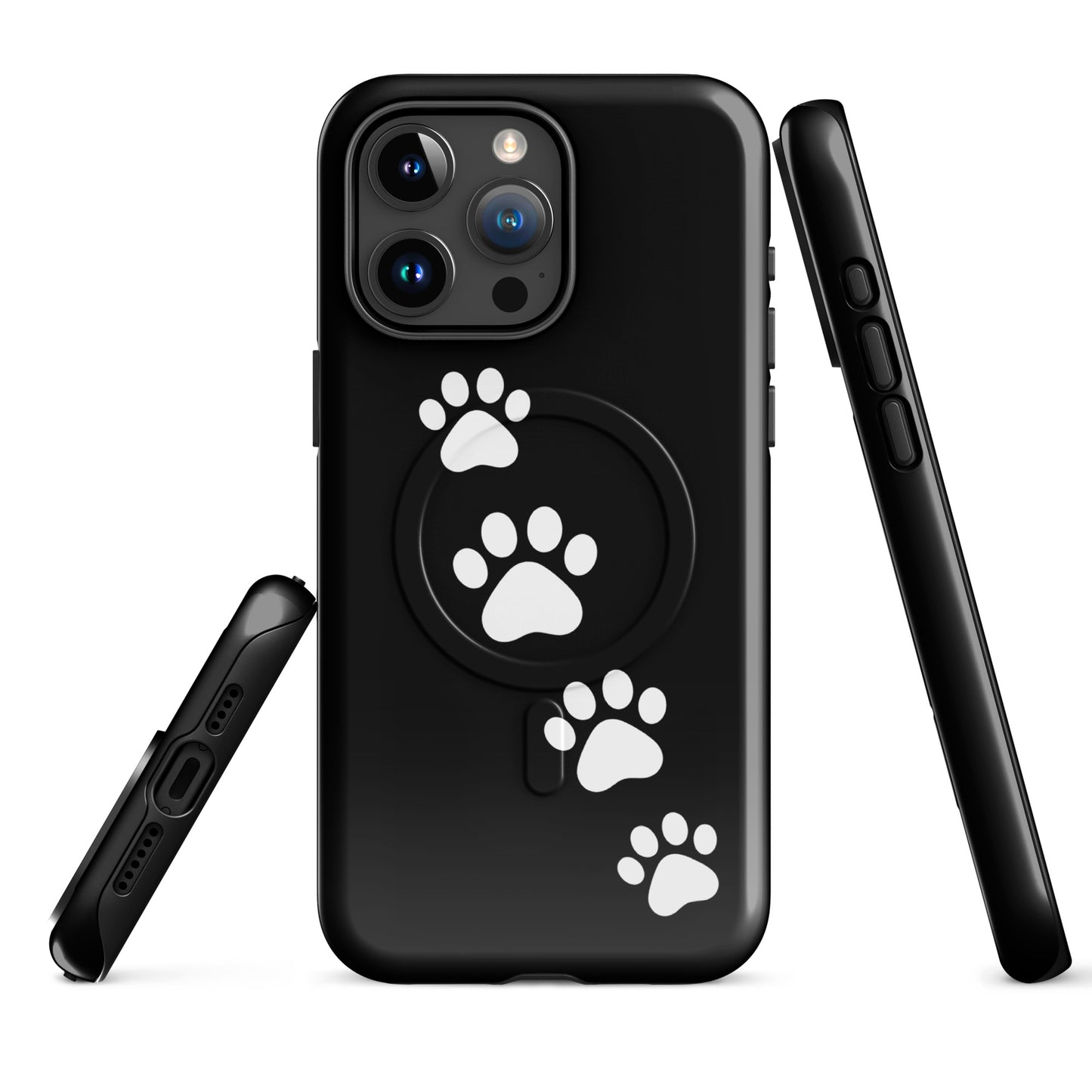 Magnetic Phone Case with white paw prints on black design for playful pet lovers and iPhone protection.