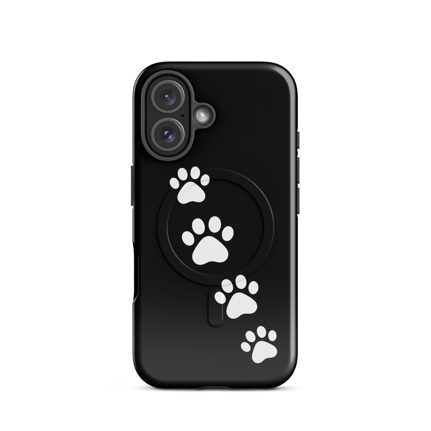 Magnetic Phone Case with white paw prints design for pet lovers on iPhone, sleek black background highlighting playful pattern.
