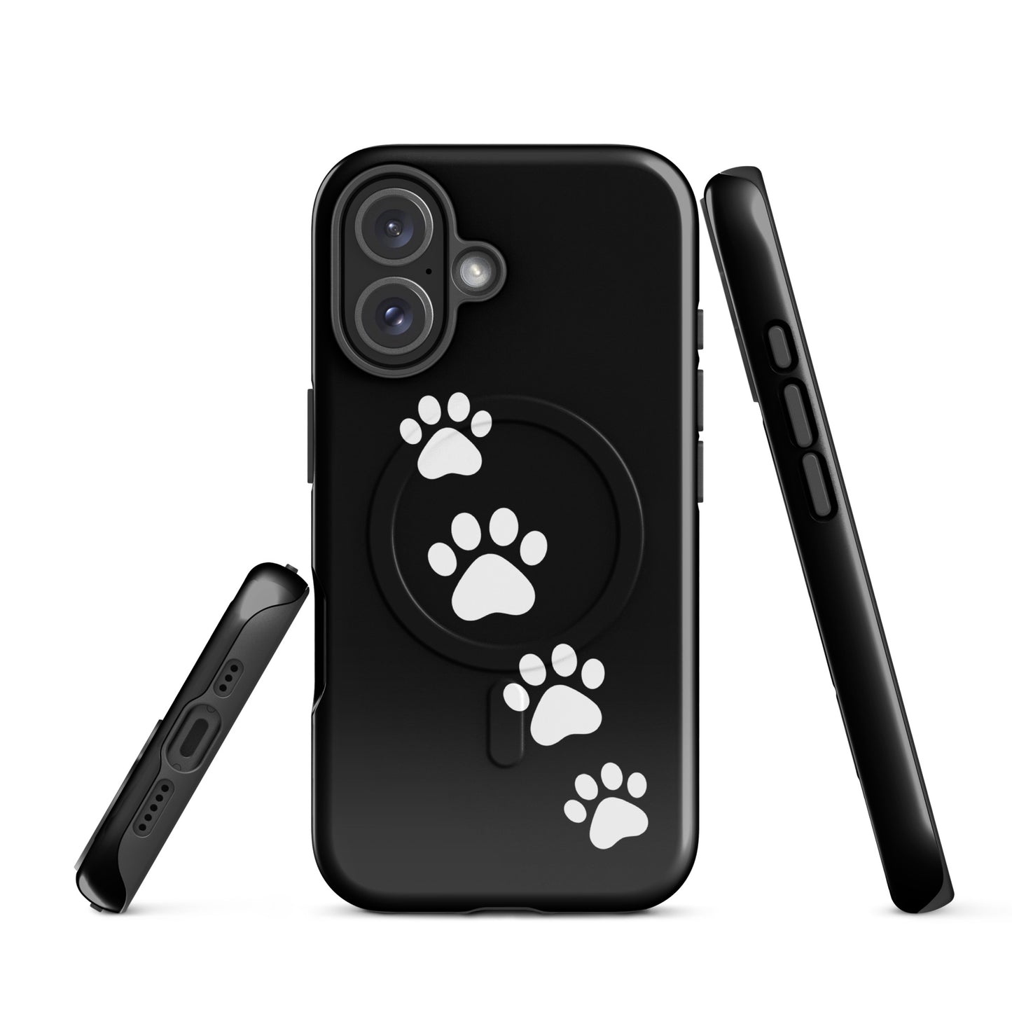 Magnetic Phone Case with paw prints design for pet lovers, fits iPhone model, diagonal white paw prints on sleek black case.