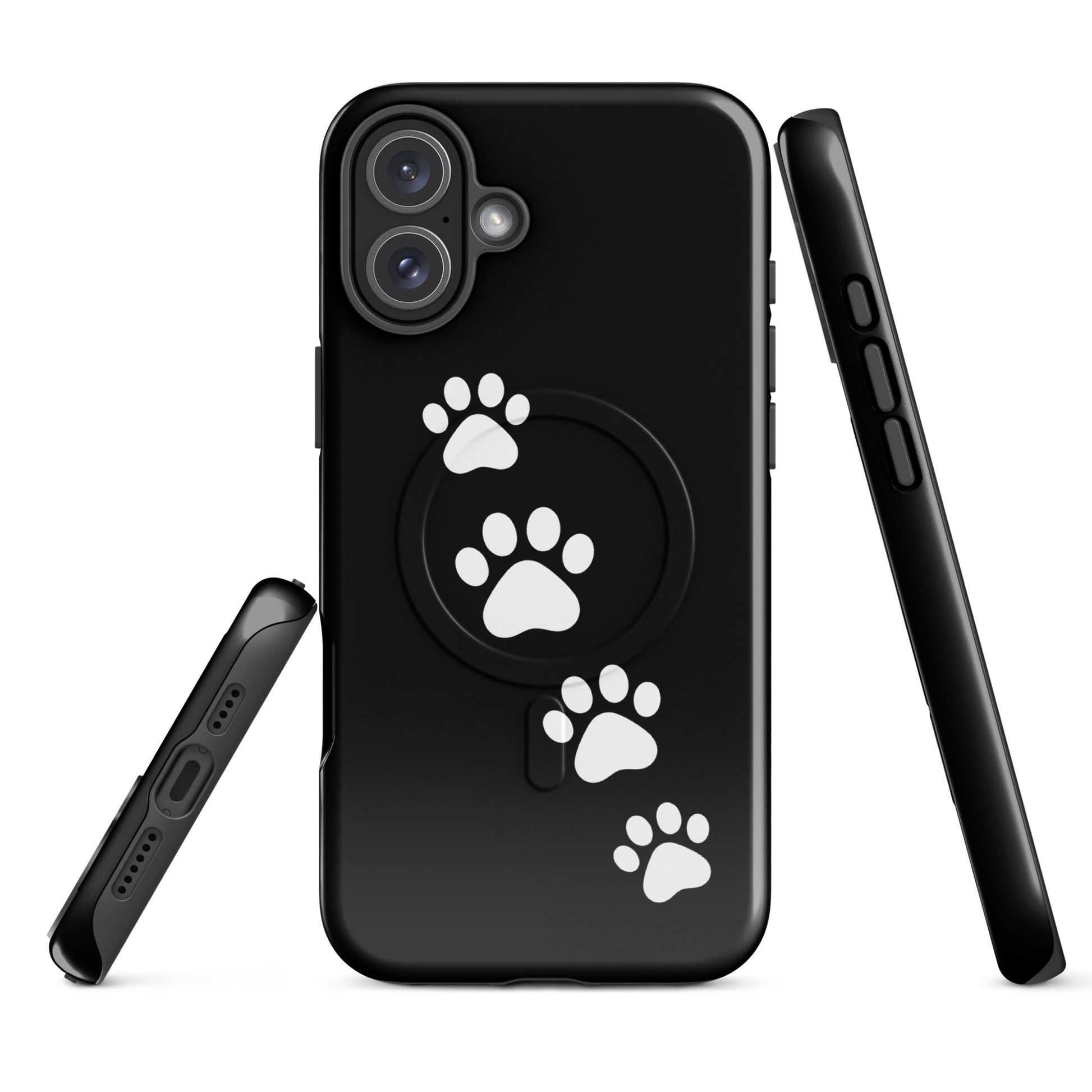 Magnetic Phone Case for iPhone with white paw-print trail design for pet lovers, sleek black case showing side and back views.