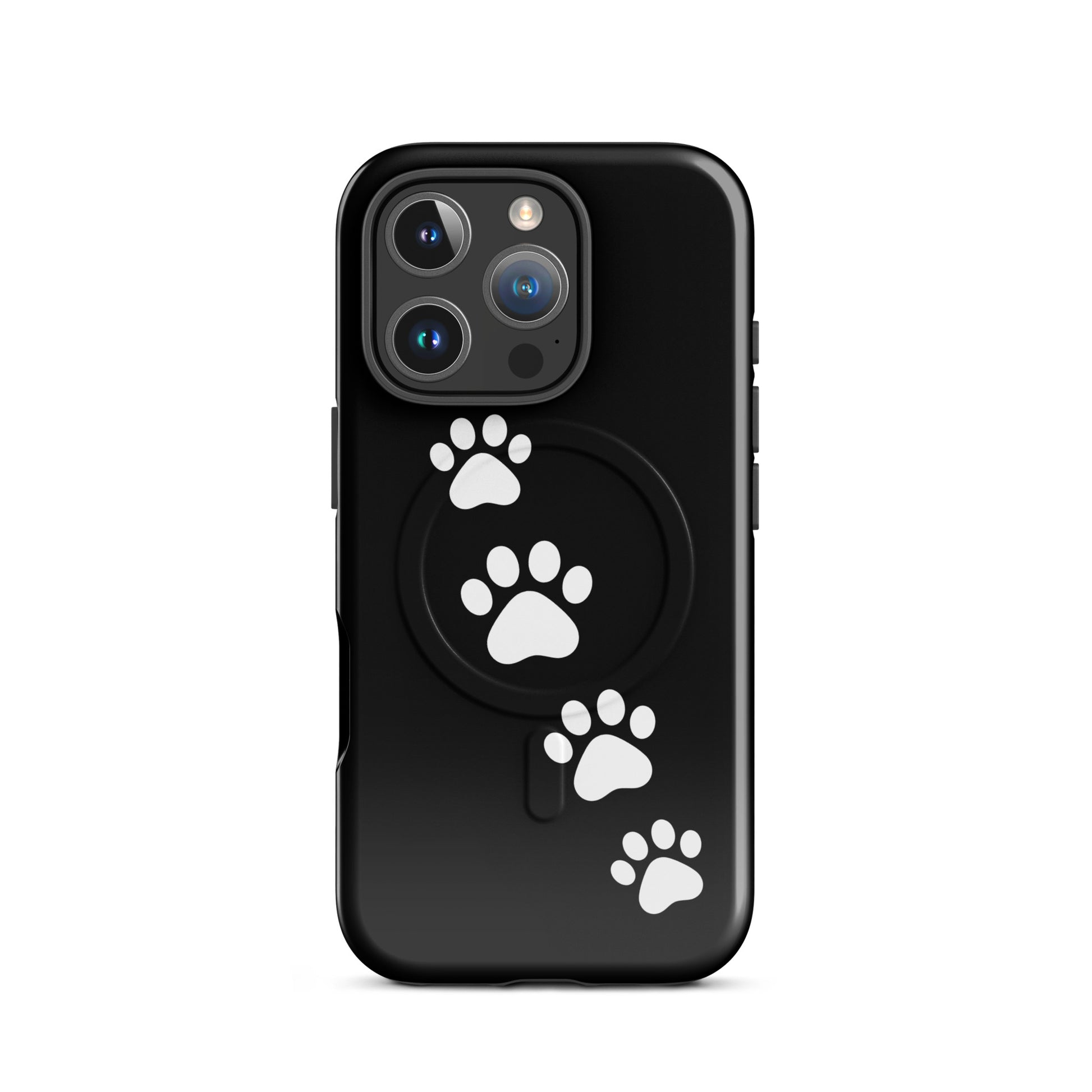 Magnetic Phone Case with cheerful white paw-print trail on sleek black background for pet lovers.