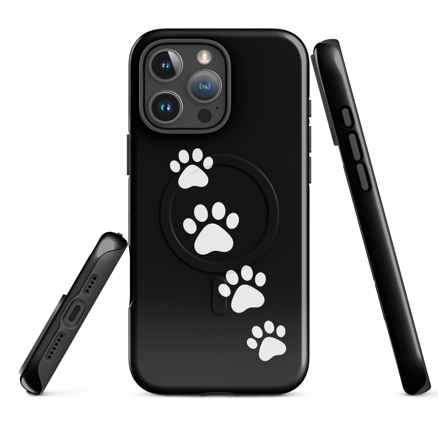 Magnetic Phone Case for iPhone with playful white paw-print trail design, perfect for pet lovers. Sleek and modern protective cover.