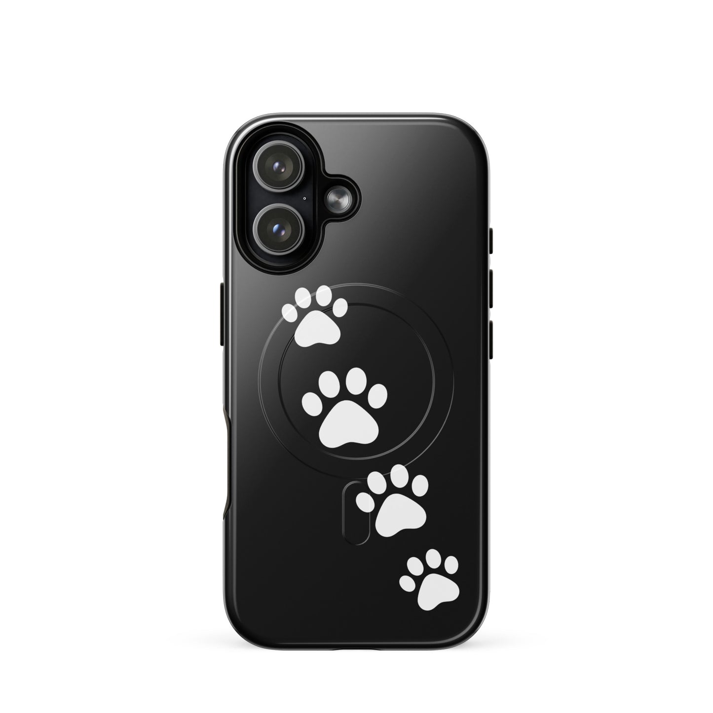 Magnetic Phone Case for iPhone with playful paw-print trail design, perfect for pet lovers, black case with white paw prints.