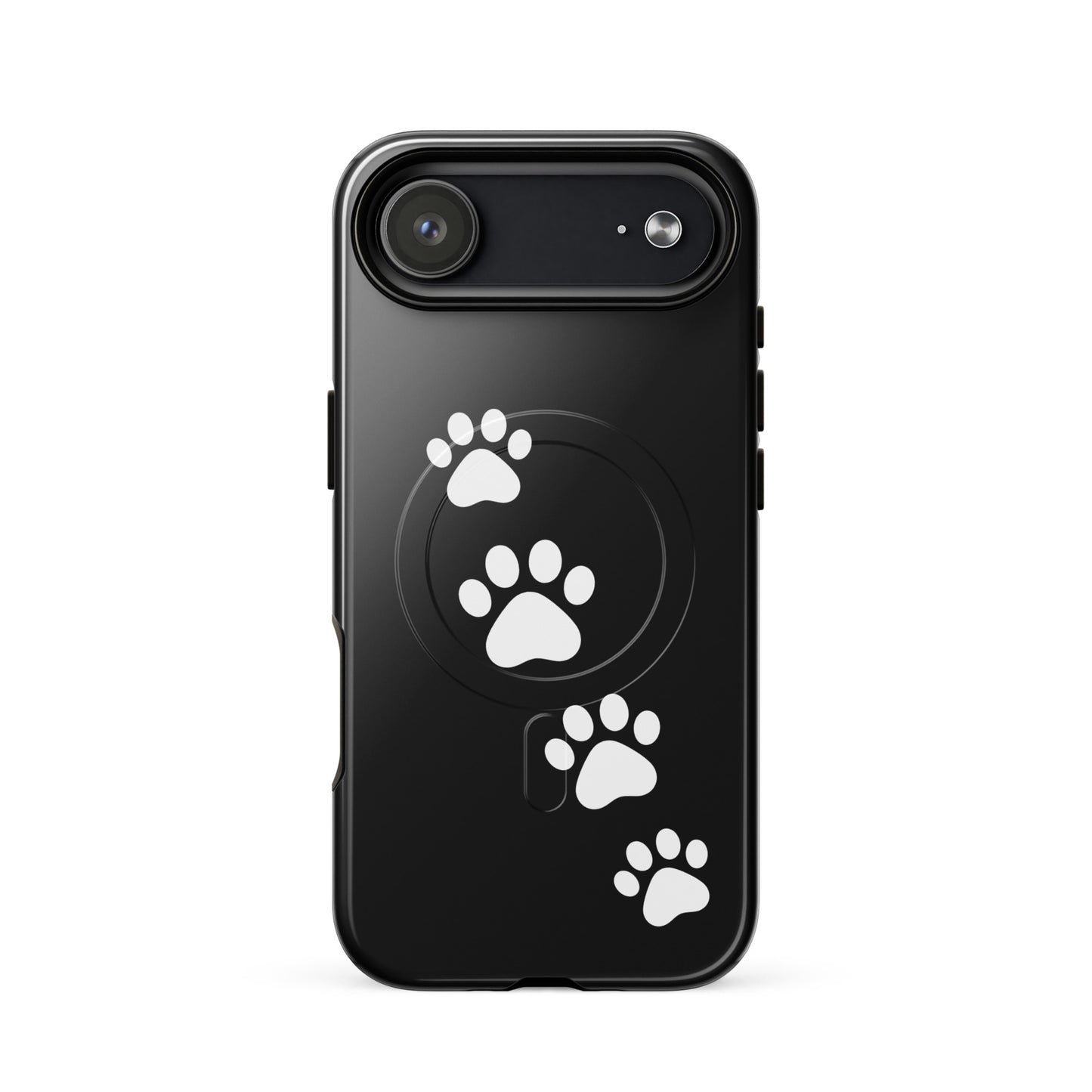 Magnetic Phone Case with playful white paw-print trail design on sleek black background, perfect for pet lovers.