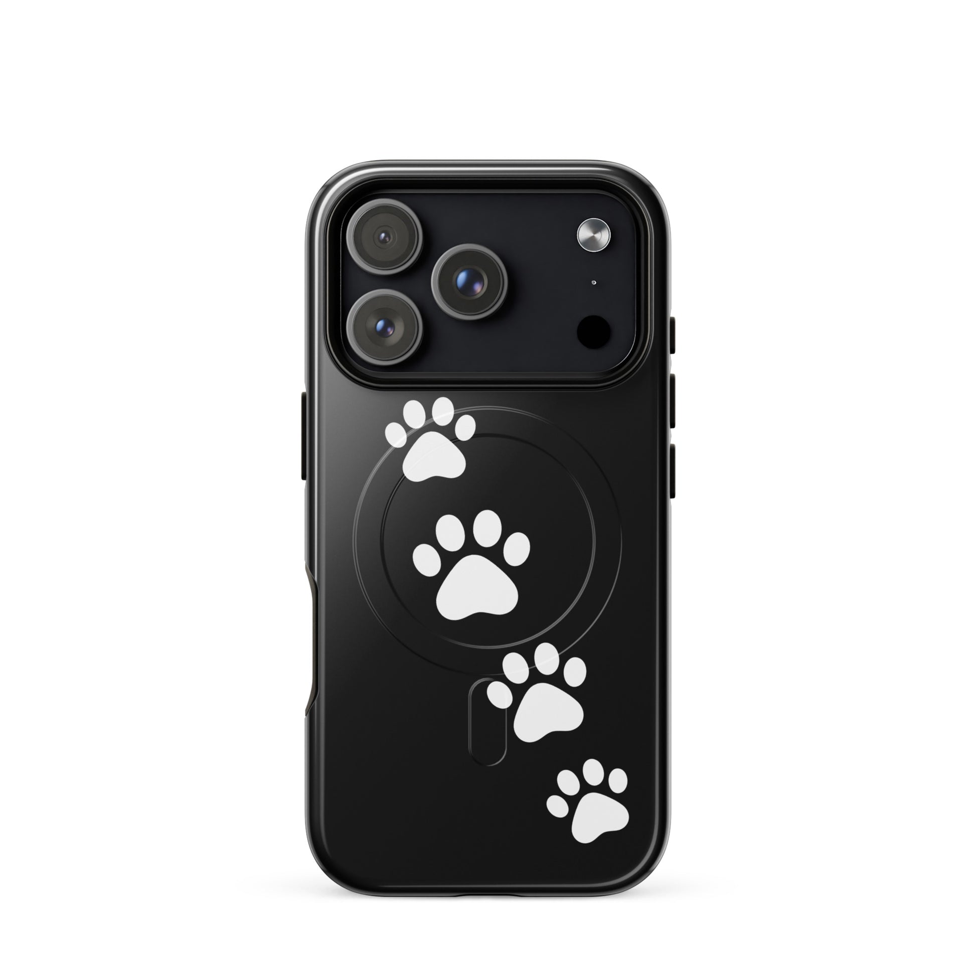 Magnetic Phone Case for iPhone with white paw prints on a sleek black background, perfect for pet lovers.