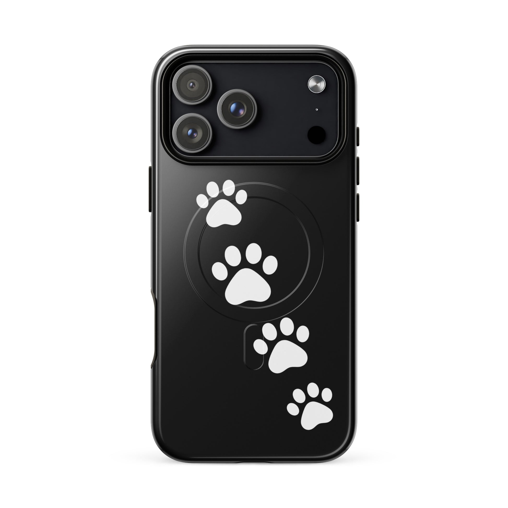Magnetic Phone Case with white paw prints on black for playful pet lovers, iPhone accessory with charming paw print trail design.