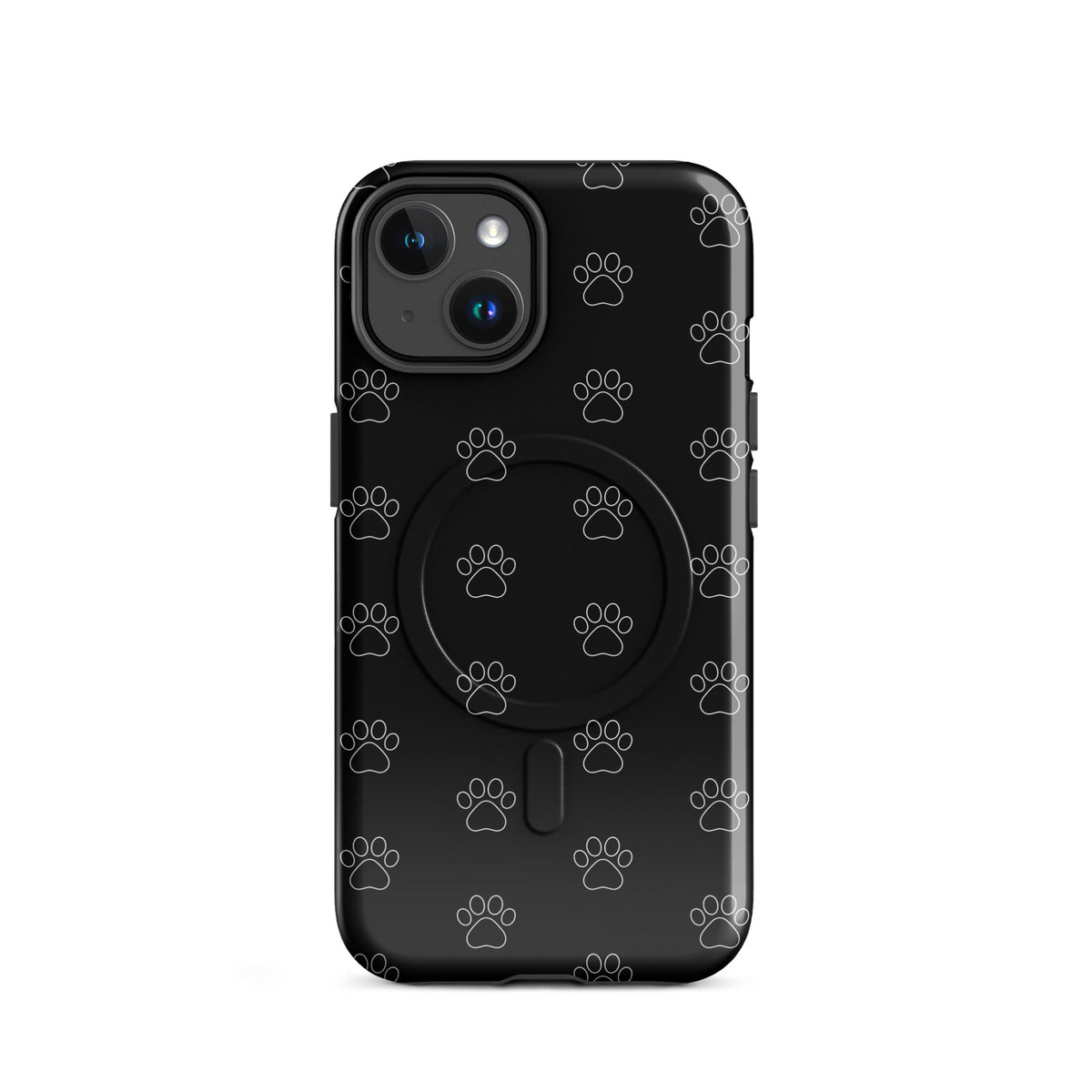 Black Magnetic Phone Case with paw print design for pet lovers, fits iPhone, featuring minimalist cat and dog paw icons.