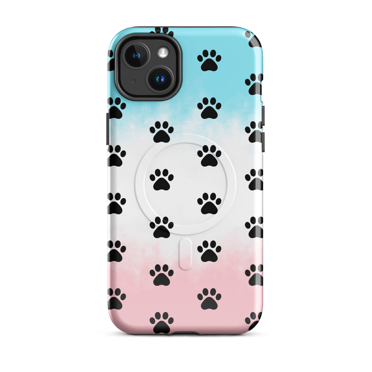 Magnetic Phone Case for iPhone with paw print design for pet lovers, featuring minimalist cat and dog icons on a colorful gradient background.