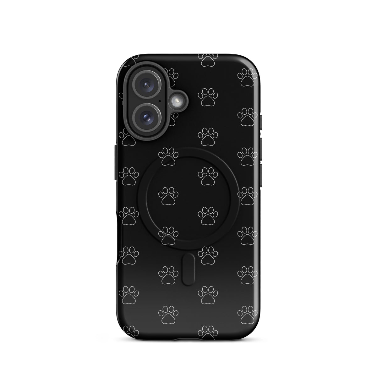 Magnetic Phone Case with black paw print design for iPhone, perfect for pet lovers of cats and dogs.