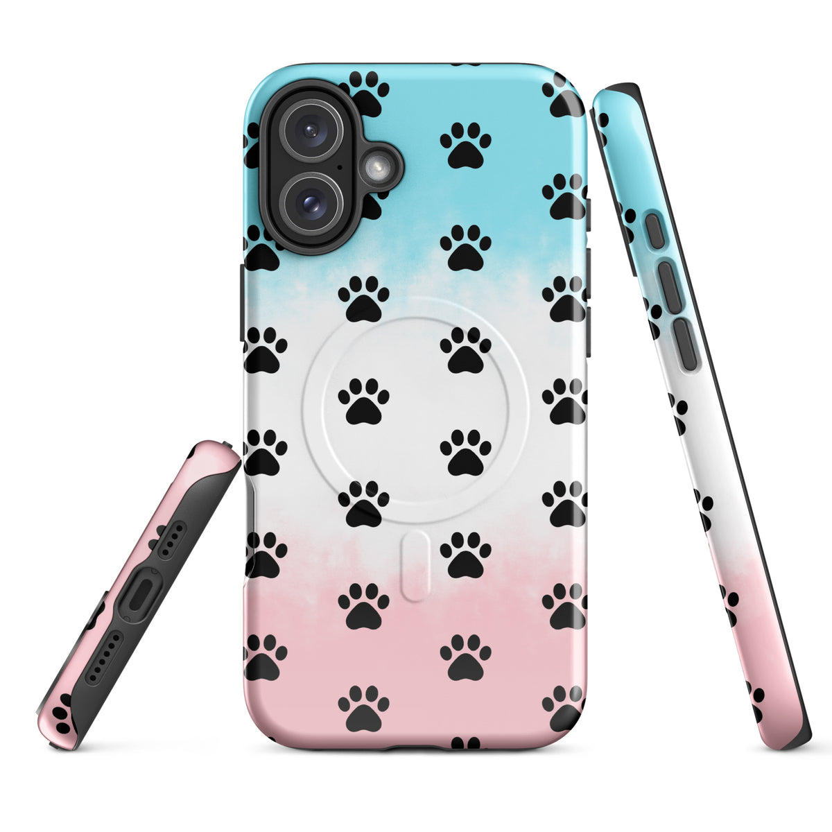 Magnetic Phone Case with paw print design for iPhone, ideal for pet lovers and featuring minimalist black paw icons on pink and blue gradient.