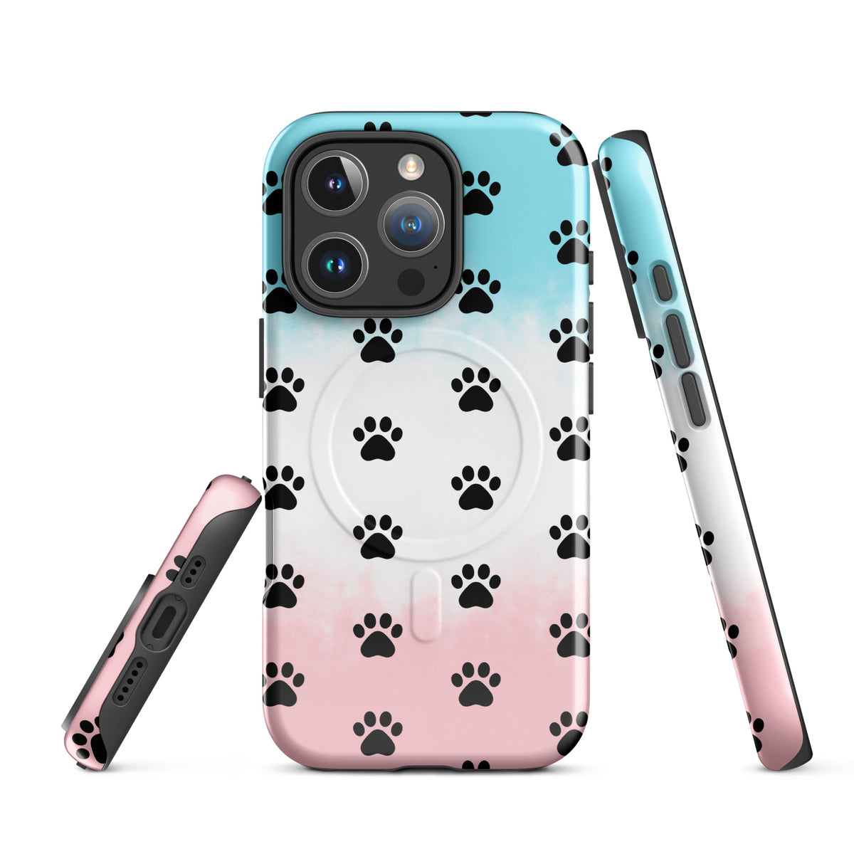 Magnetic Phone Case with paw print design for iPhone, perfect for pet lovers, featuring cats and dogs paw icons in a modern style.