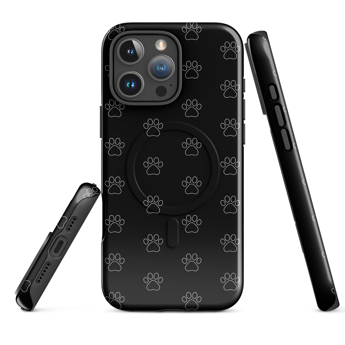 Magnetic Phone Case with black paw print design for iPhone, perfect for pet lovers.
