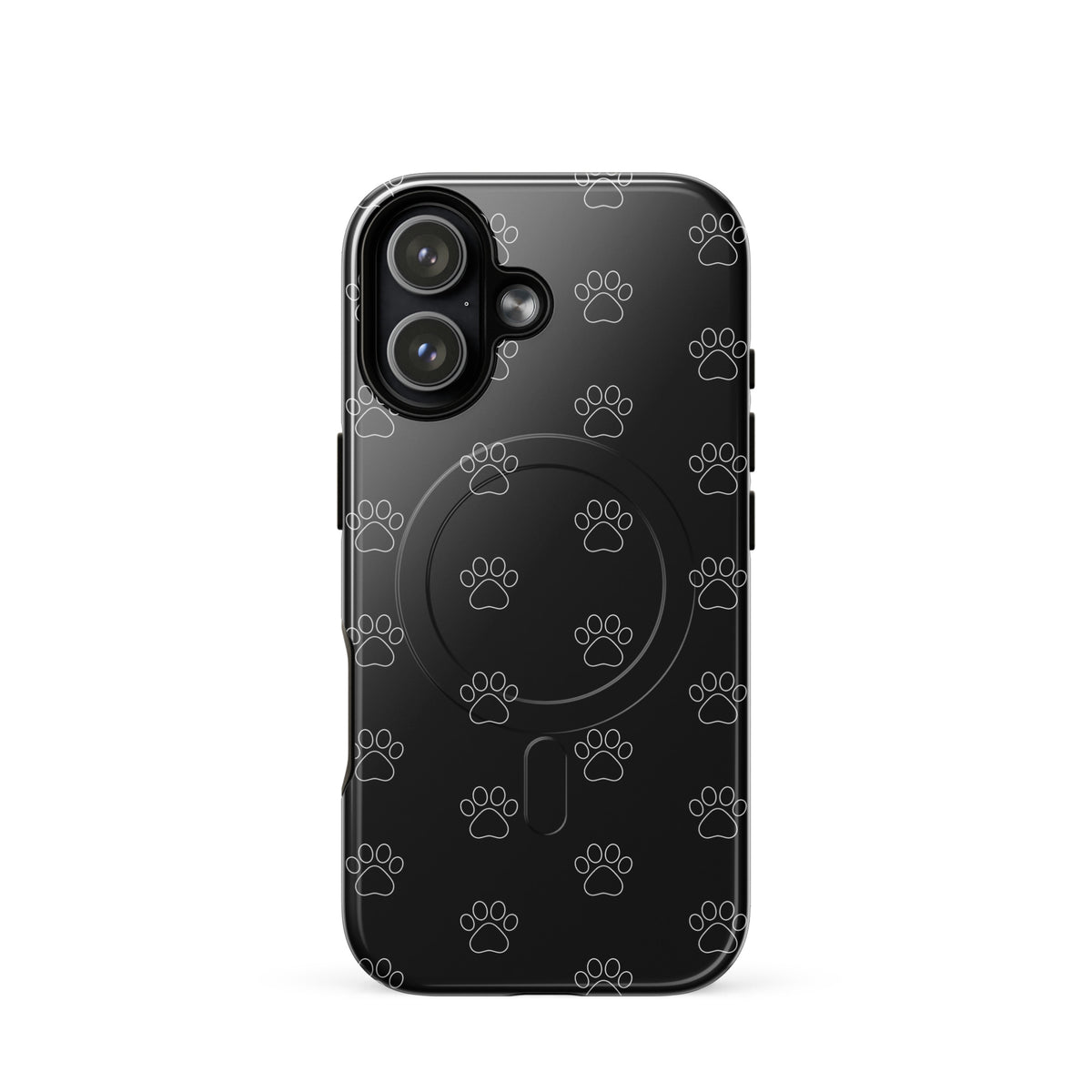 Black Magnetic Phone Case for iPhone with paw print design for pet lovers, featuring minimalist repeating paw icons for dog and cat owners.