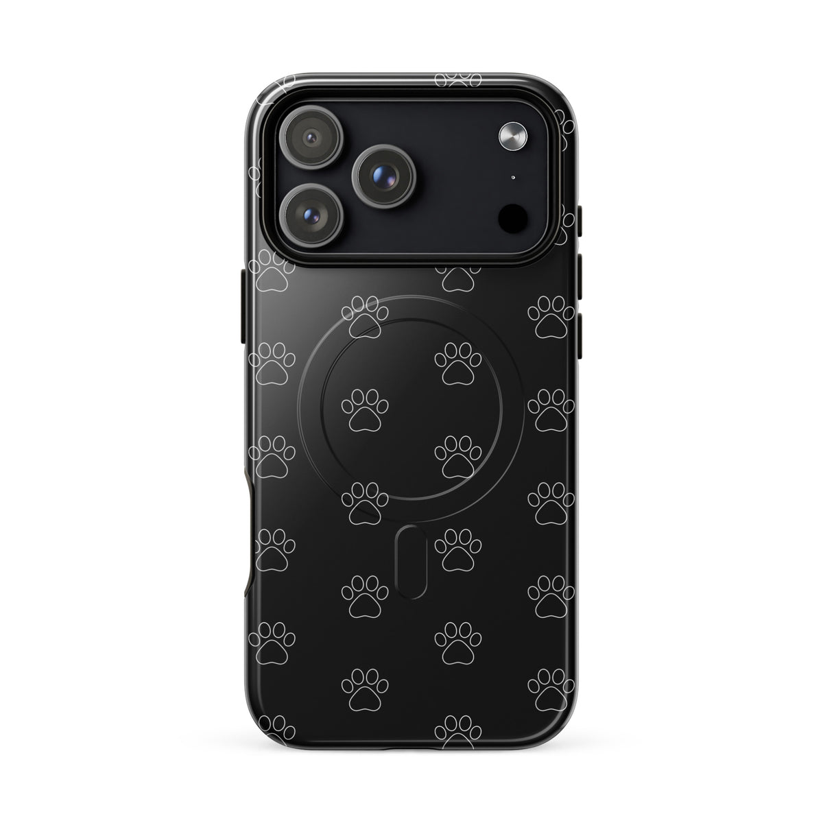 Magnetic Phone Case with black paw print design for pet lovers, compatible with iPhone, featuring minimalist icons for cats and dogs.