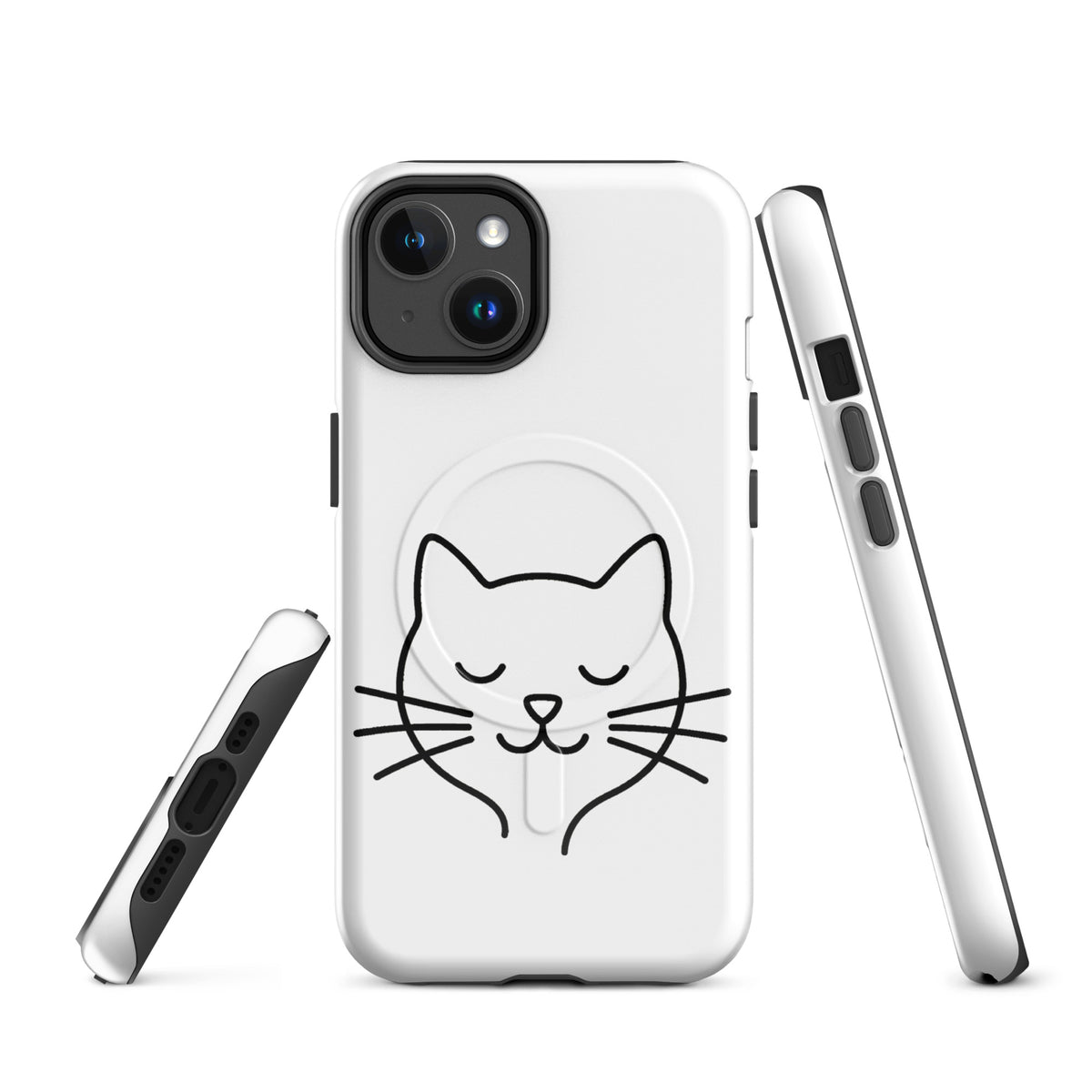 Magnetic Phone Case for iPhone with cute minimalist cat line art design in black on white, showing side and front views.