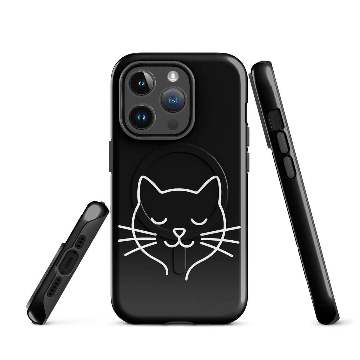 Magnetic Phone Case for iPhone with cute minimalist cat line art design, featuring a black case showing a single-line cat face and whiskers.