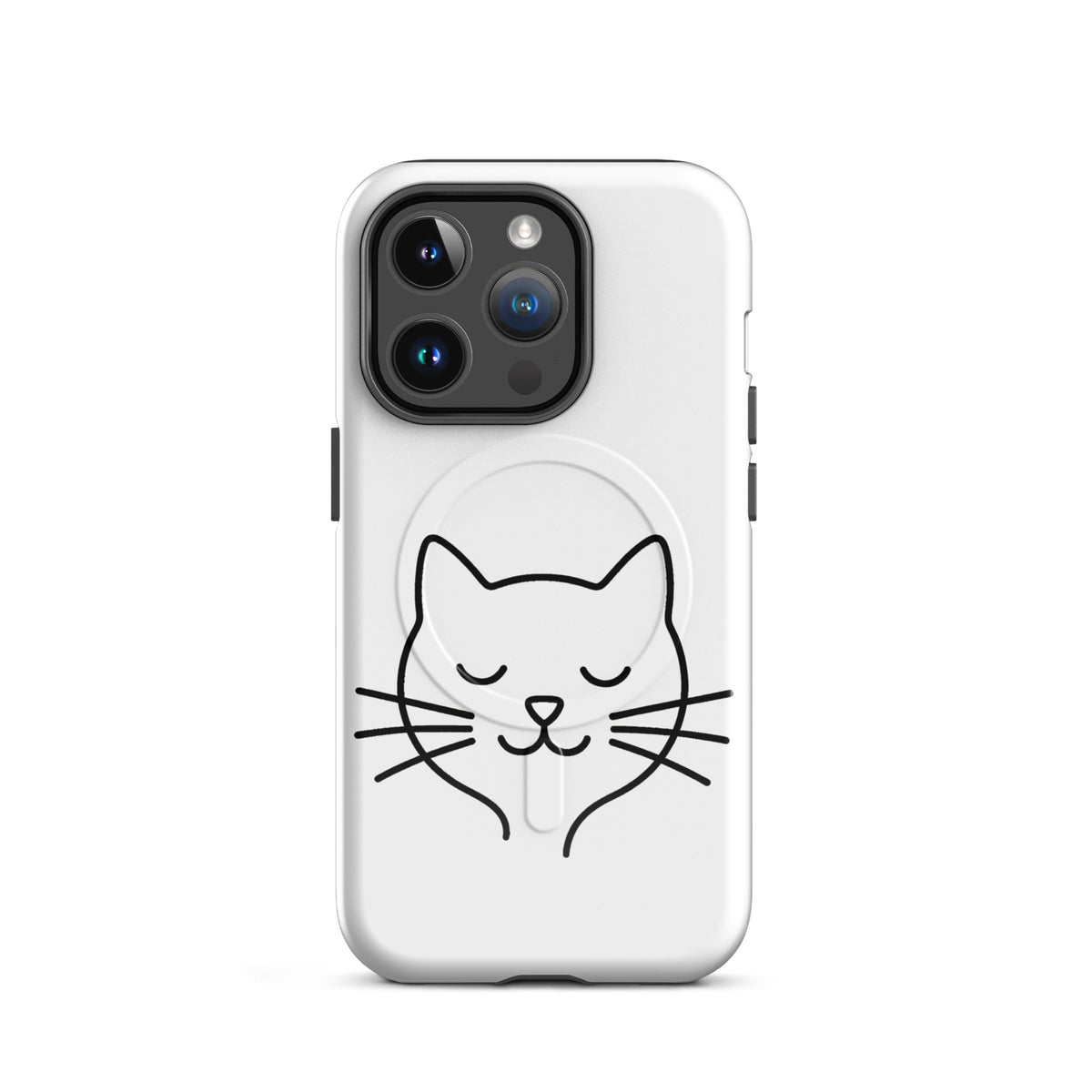 Magnetic Phone Case for iPhone with minimalist cat line art design in black and white, showcasing a cute cat face and whiskers.