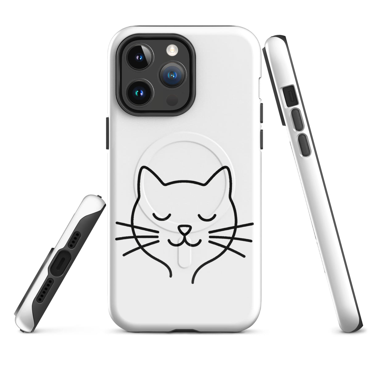 Magnetic Phone Case for iPhone with minimalist cat line art design in white and black for cat lovers.