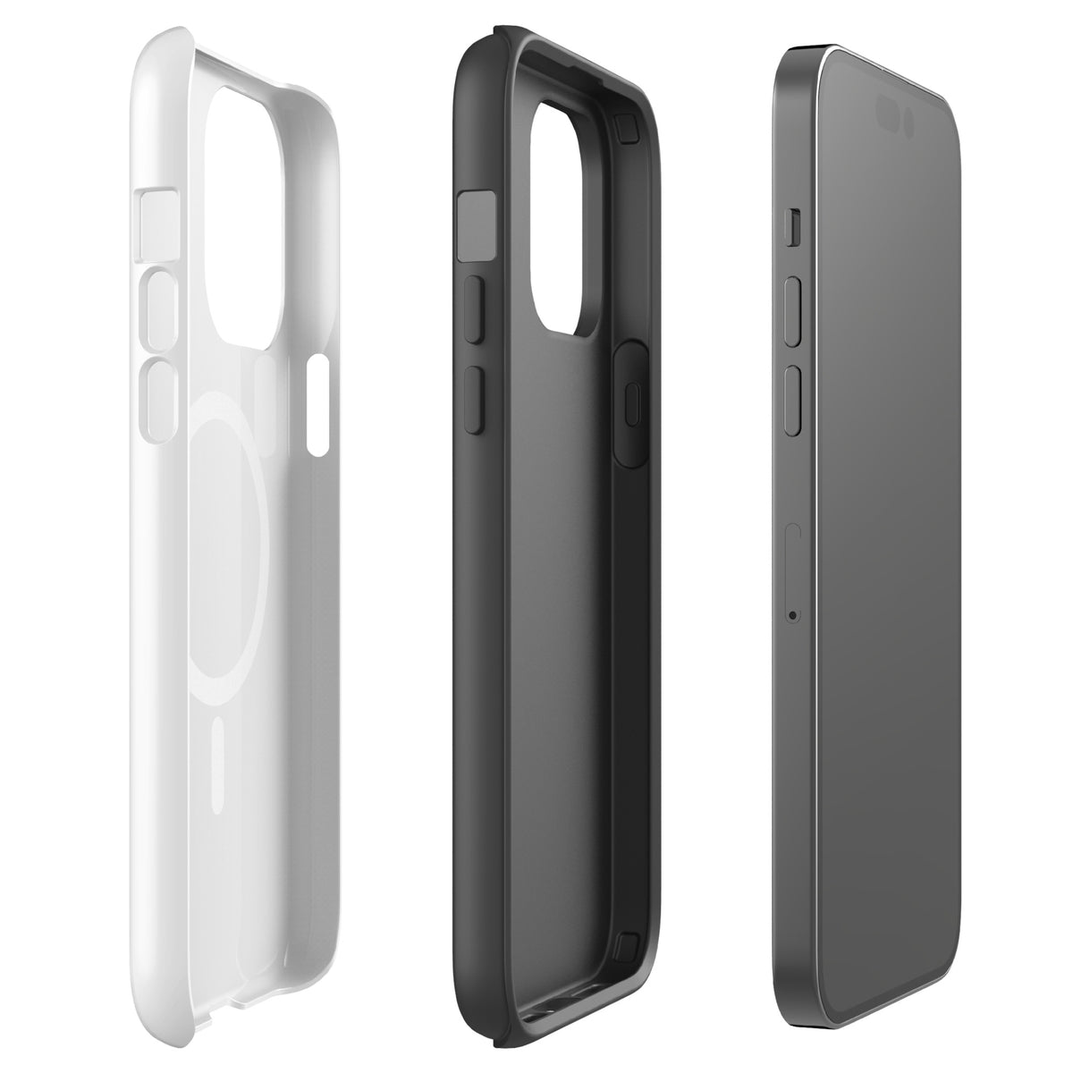 Magnetic Phone Case for iPhone with minimalist cat line art design in white and black colors, showing durable protective features.