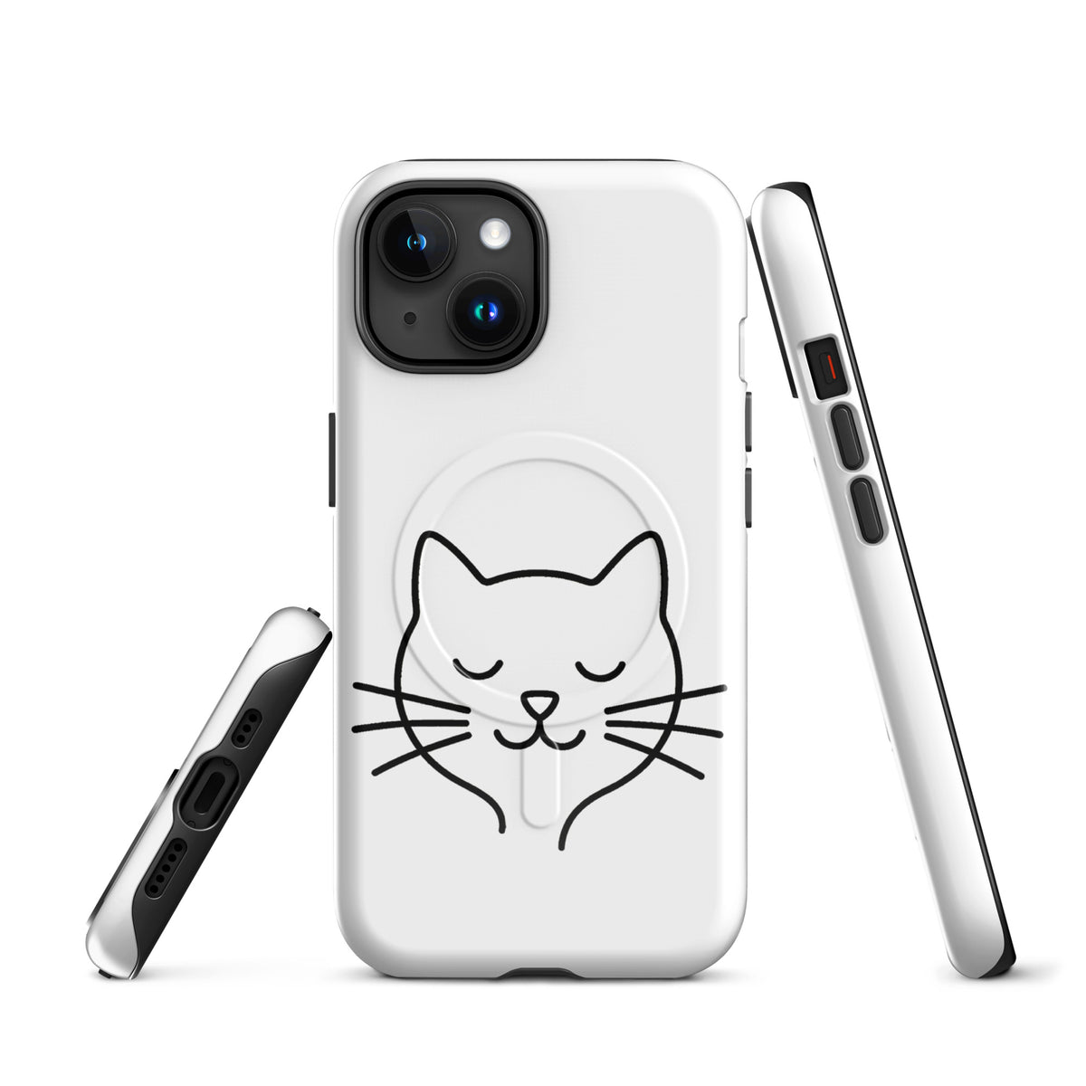 Magnetic Phone Case for iPhone with minimalist cat line art design in white and black, showcasing cute feline art and durable protection.