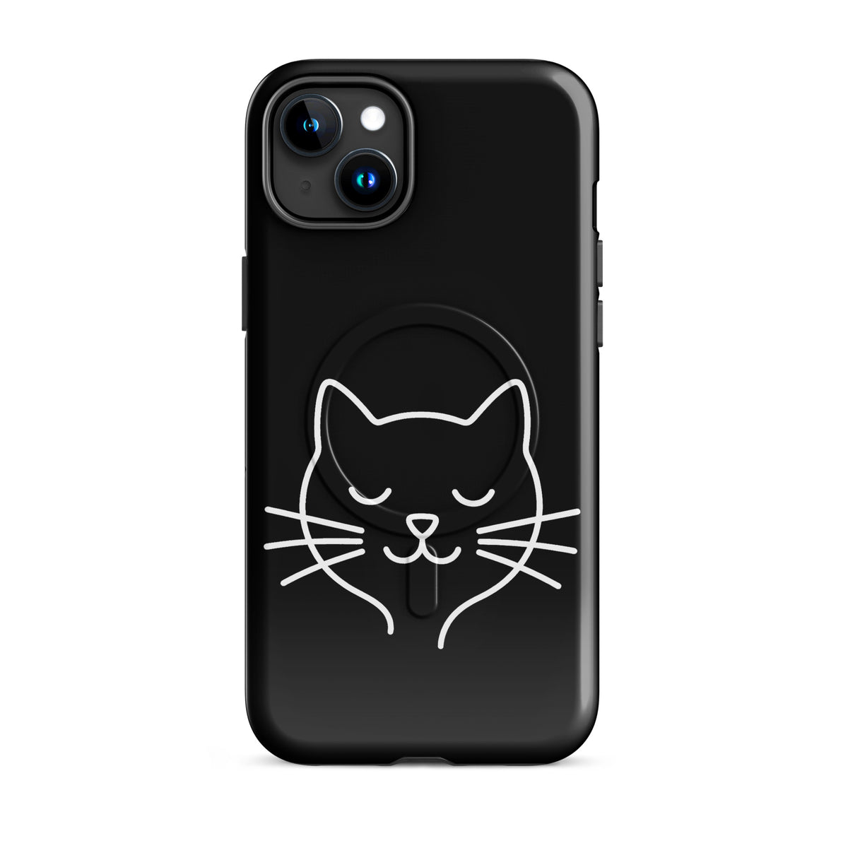 Magnetic Phone Case for iPhone with minimalist cat line art design, featuring black background and white single-line whiskers illustration.