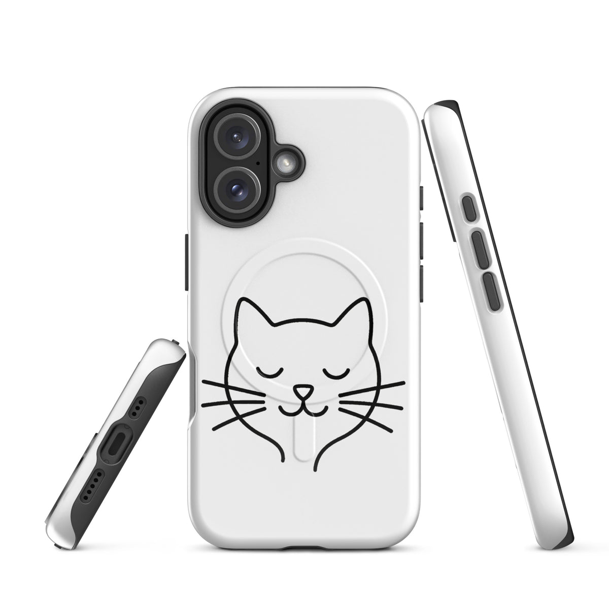 Magnetic Phone Case with minimalist cat line art design for iPhone in white and black, perfect for cat lovers.