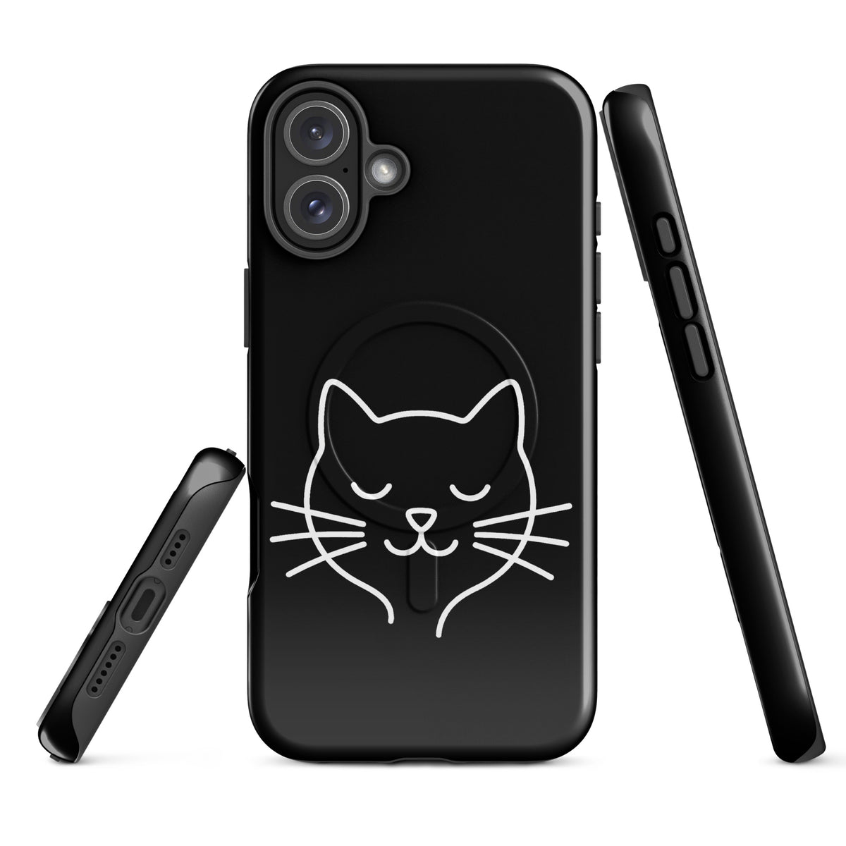 Magnetic Phone Case for iPhone with cute minimalist cat line art design, featuring single-line cat face and whiskers.
