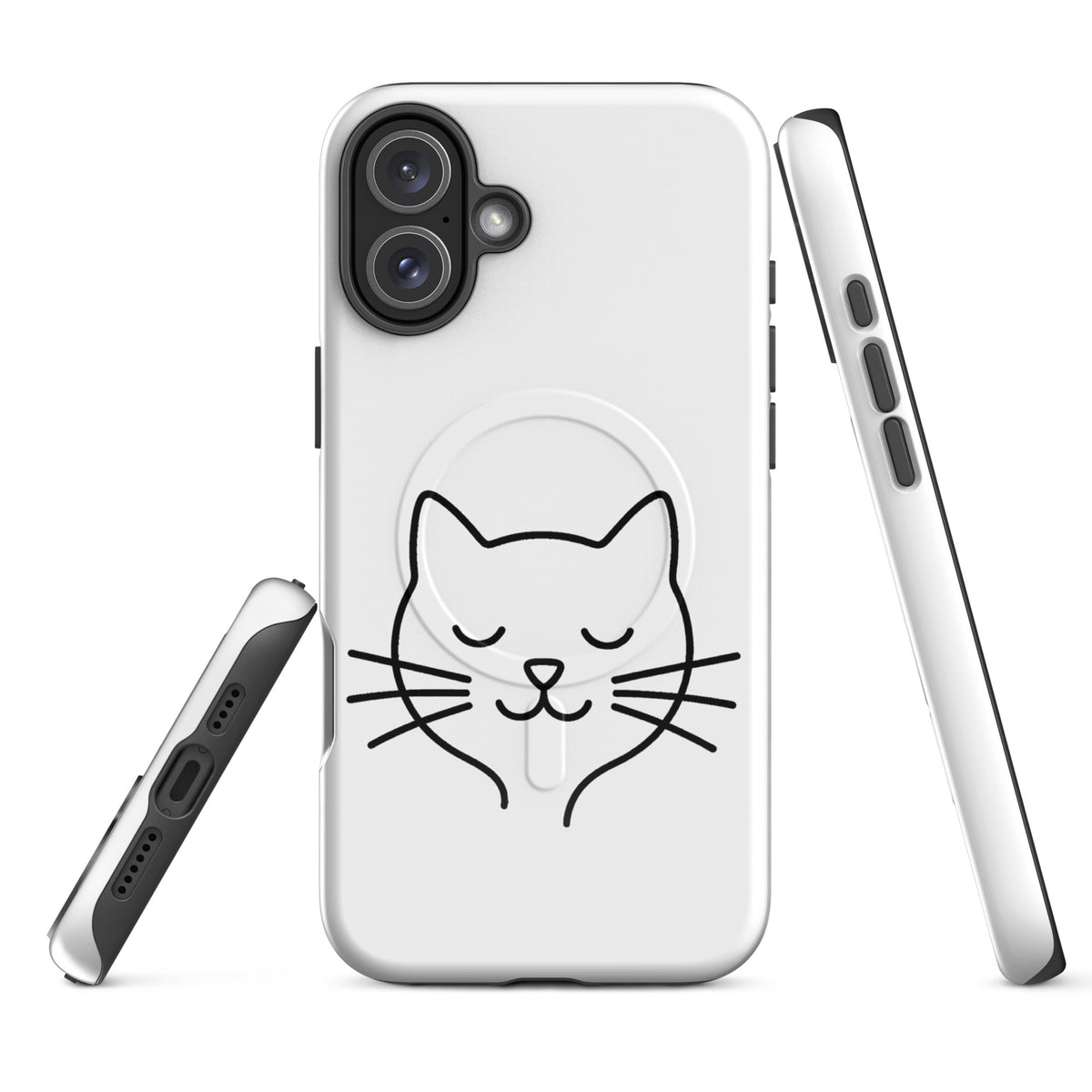 Magnetic Phone Case for iPhone with minimalist cat line art design in black and white.