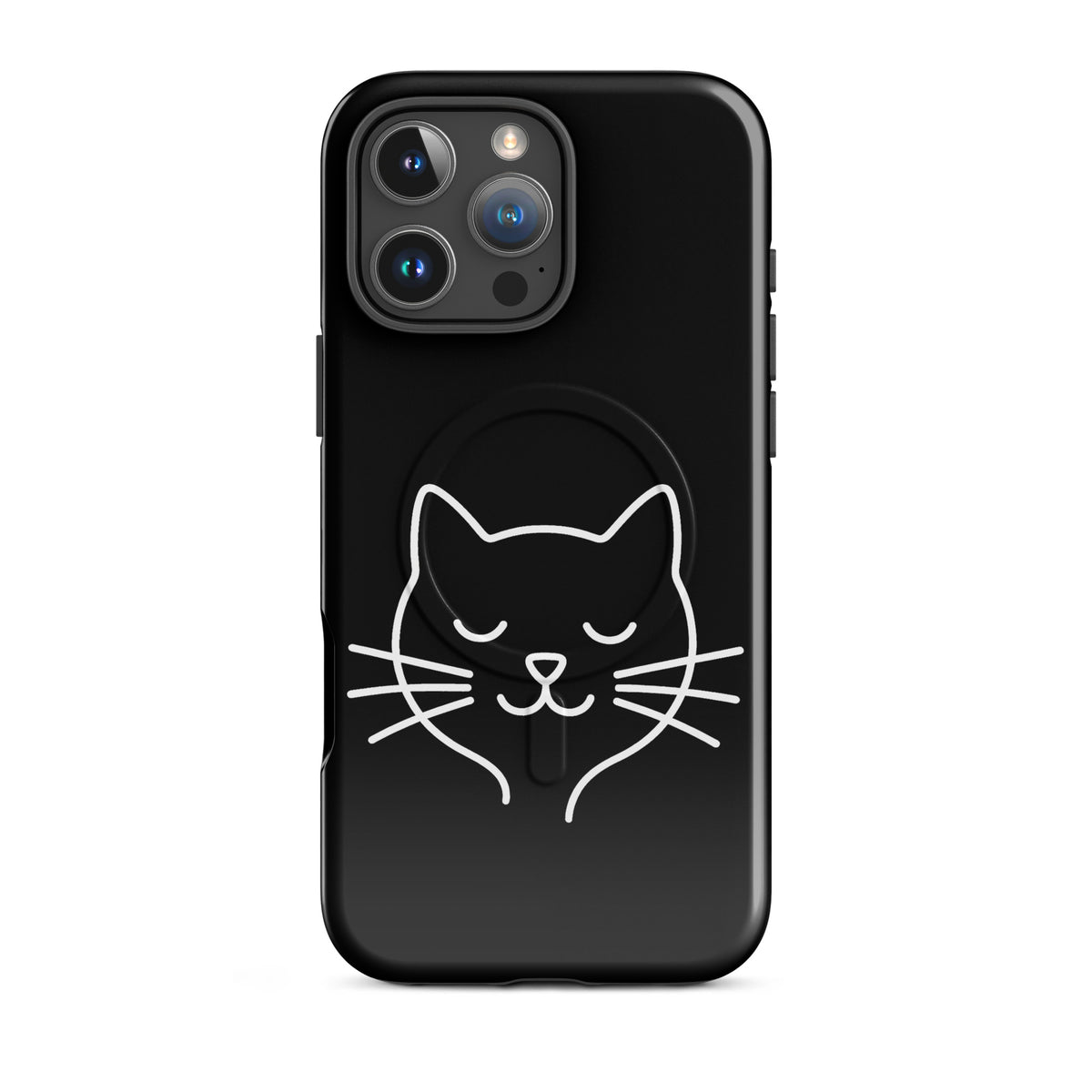 Magnetic Phone Case for iPhone featuring minimalist cat line art design on a black background, ideal for feline lovers looking for style and protection.