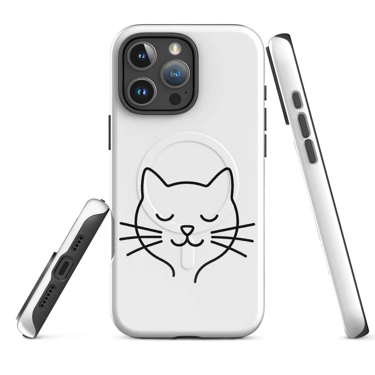 Magnetic Phone Case for iPhone with minimalist cat line art design in black and white, showcasing cute feline aesthetics and durable protection.
