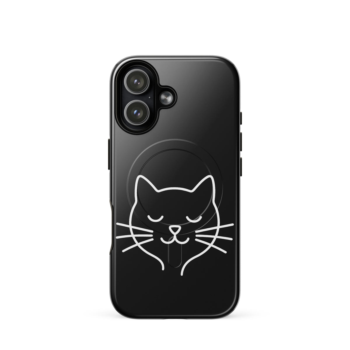 Magnetic Phone Case for iPhone with minimalist cat line art design, featuring a cute cat face and whiskers in white.