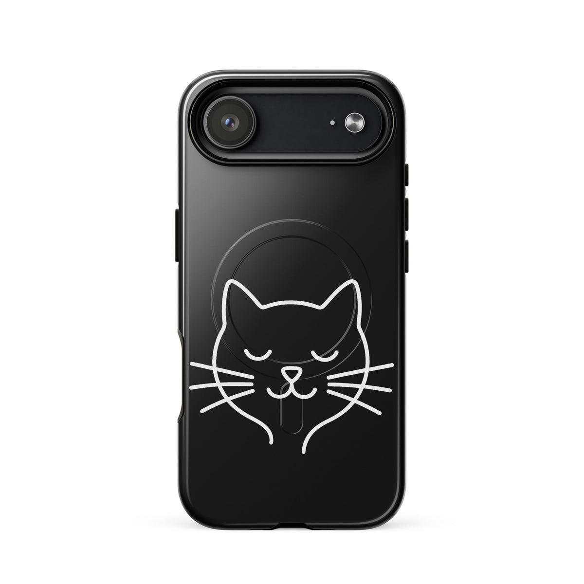 Magnetic Phone Case for iPhone with cute minimalist cat line art design, featuring a simple cat face and whiskers on black.