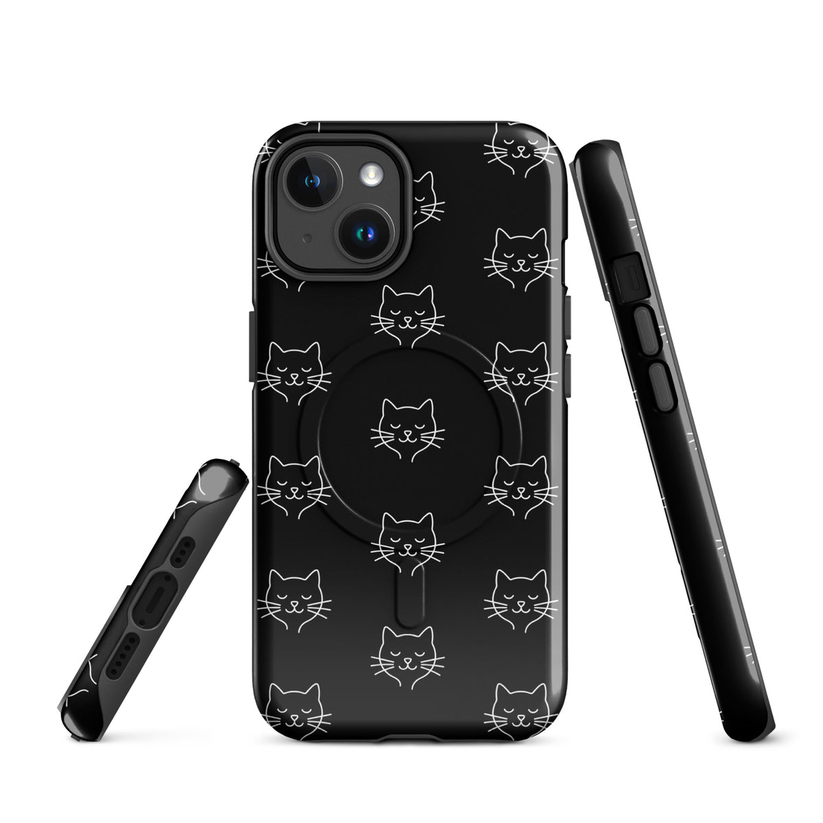 Magnetic Phone Case for iPhone with cute minimalist cat pattern design in black and white, offering stylish protection for cat enthusiasts.
